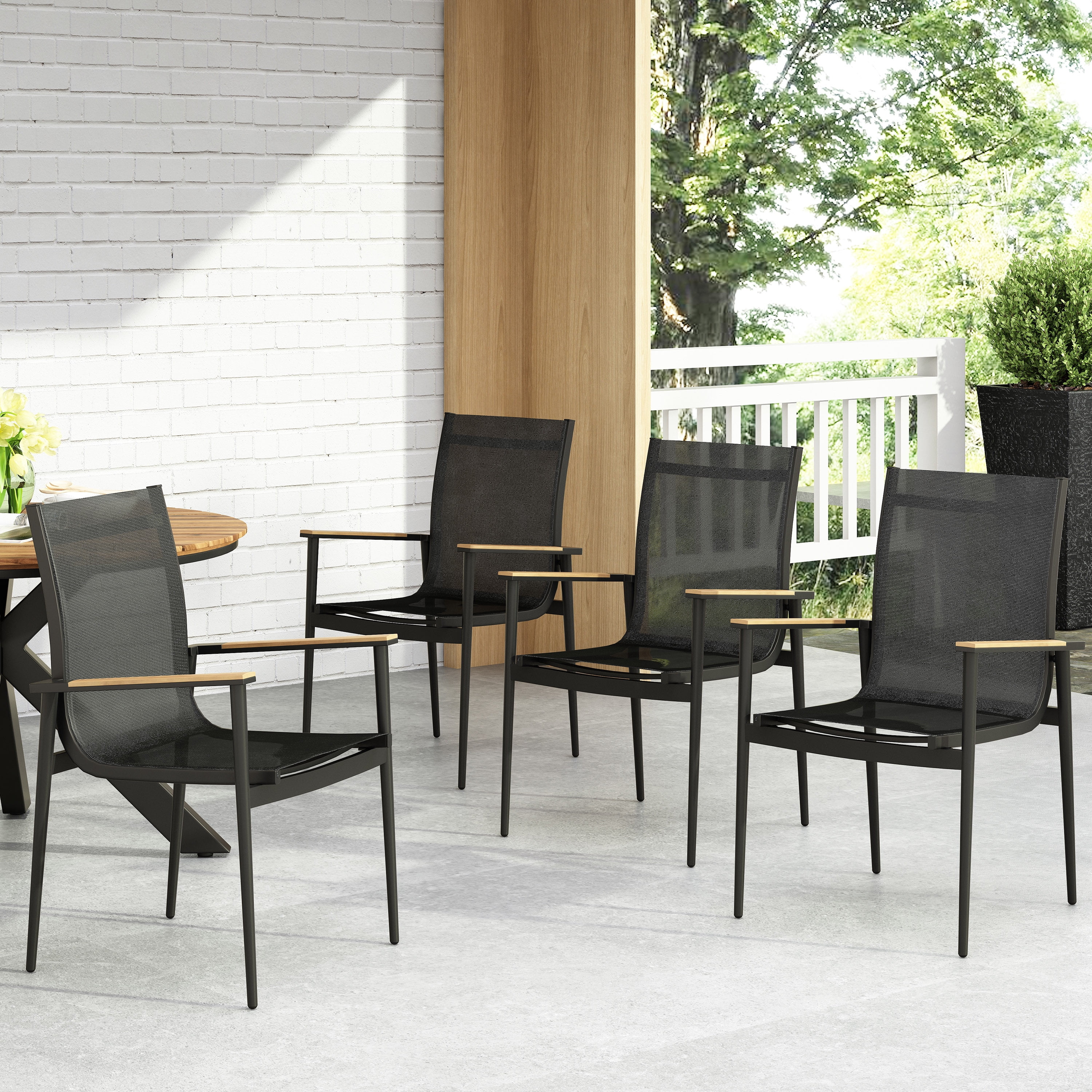 Benfield Mesh and Aluminum Outdoor Dining Chairs, Black and Natural, Set of 4
