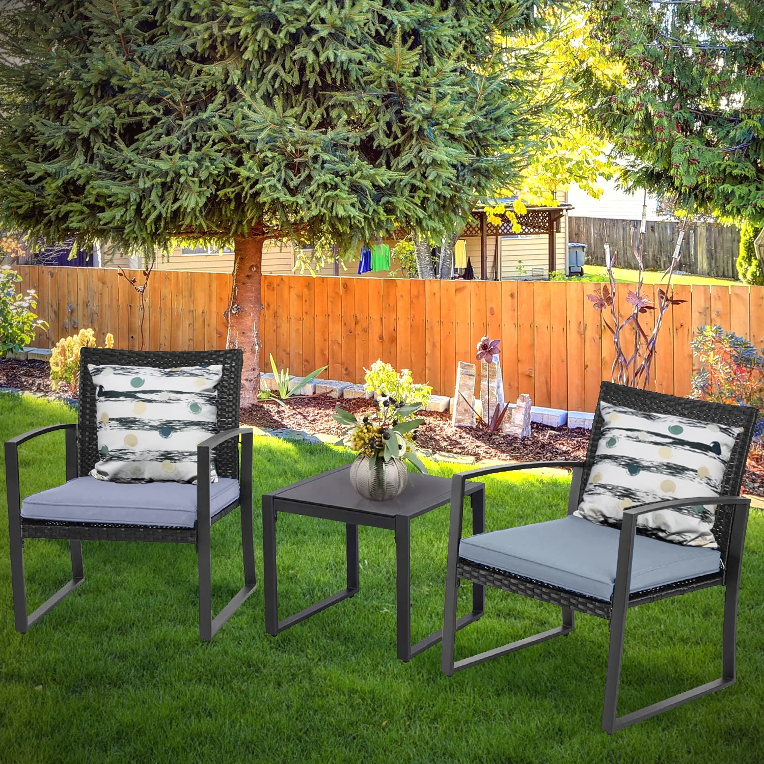 Patio, front door and Deck 3-Piece Meeting Bistro set Black Wicker Furniture-Two Chairs with Glass Coffee Table Grey
