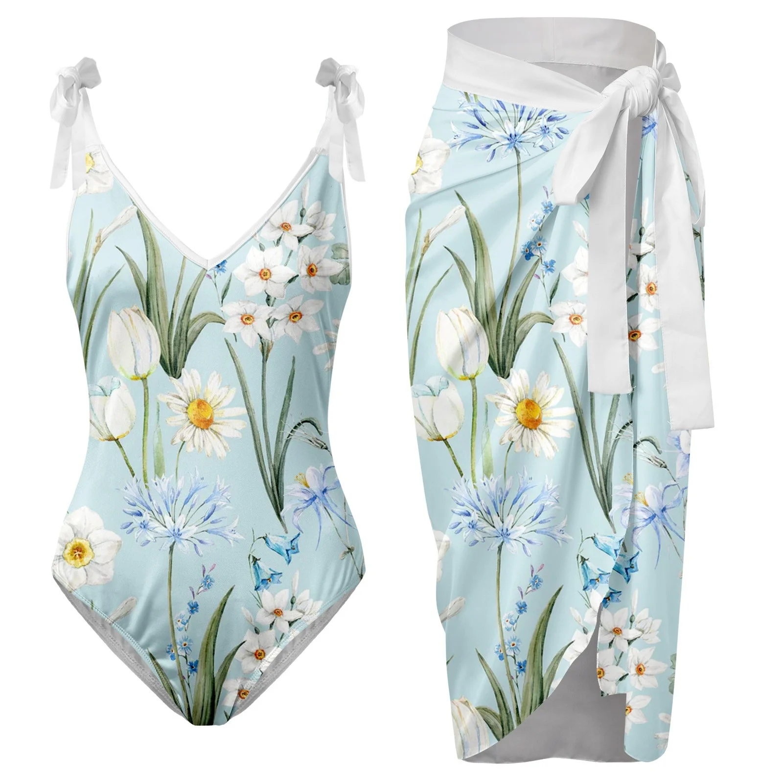 Summer Mini Skirt Womens V Neck Flower Printed Swimsuit Apron Skirt Bikini Sets Mini Skirts For Women Uk