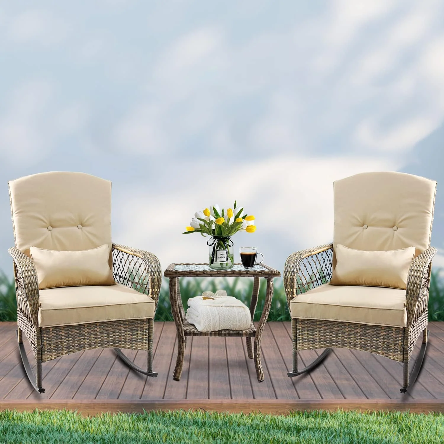 Dina 6-Piece Patio Furniture Set Outdoor Rocking Chairs Set of 2  Patio Conversation Set with 4 Wicker Chairs with 2 Glass Coffee Tables and Cushions for Backyard  Bistro (Orange)