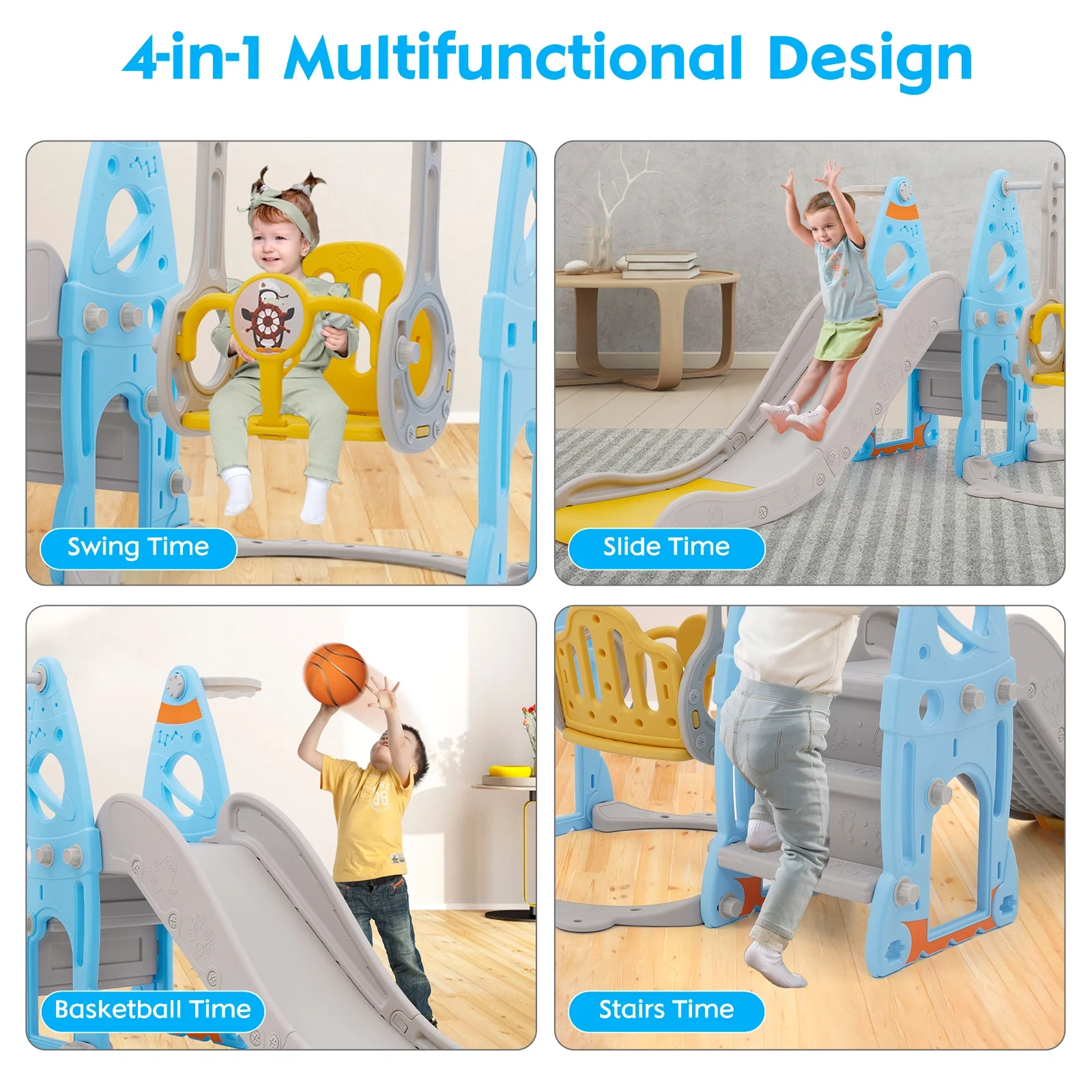 Toddler Slide and Swing Set 4 in 1 Toddler Playground with Swing Slide Climber and Basketball Baby Slide for Boys and Girls Backyard Playsets for Kids Indoor and Outdoor Blue