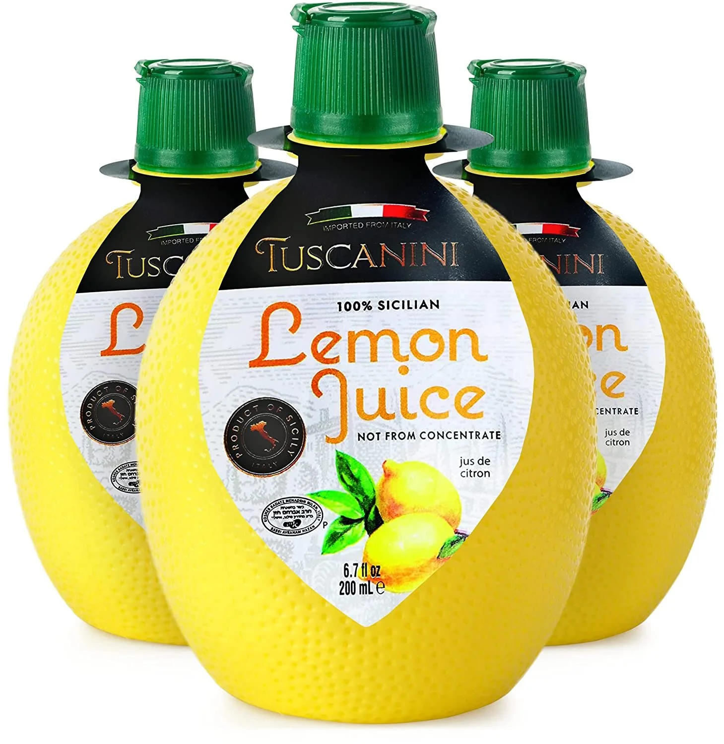 Tuscanini 100% Sicilian Lemon Juice, Not from Concentrate, 6.7oz Lemon Shaped Squeeze Bottle 3 Pack No Water Added  Product of Italy  Certified Kosher Including Passover