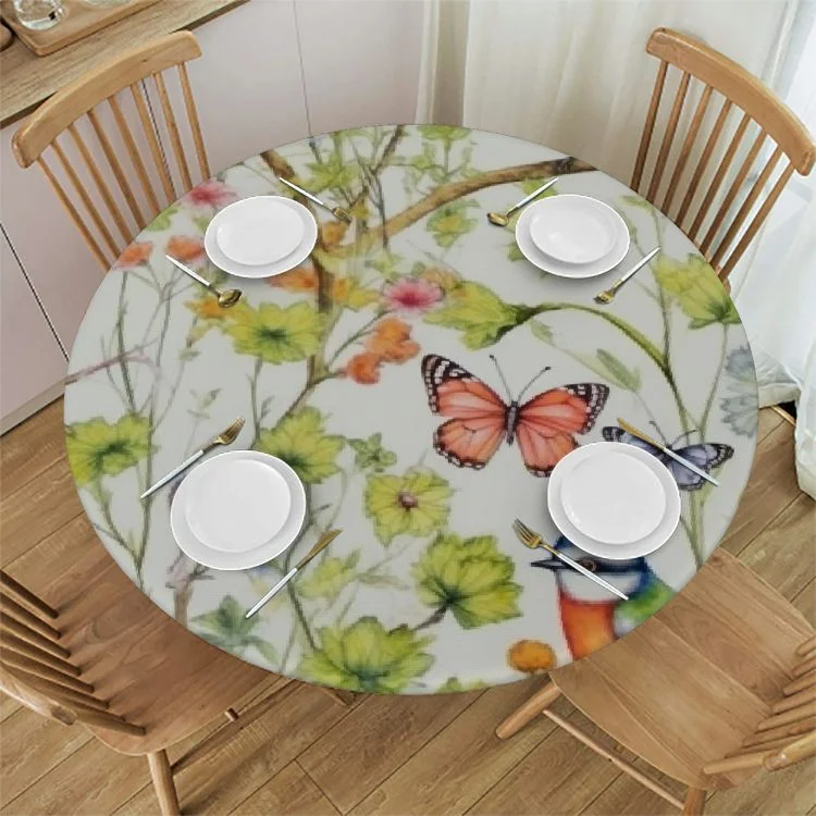 Ulloord Round Fitted Table Cloth with Elastic Spring Birds Butterfly Round Elastic Tablecloth for Round Table Circular Table Cover Waterproof Wipeable Table Linen, Fits Tables