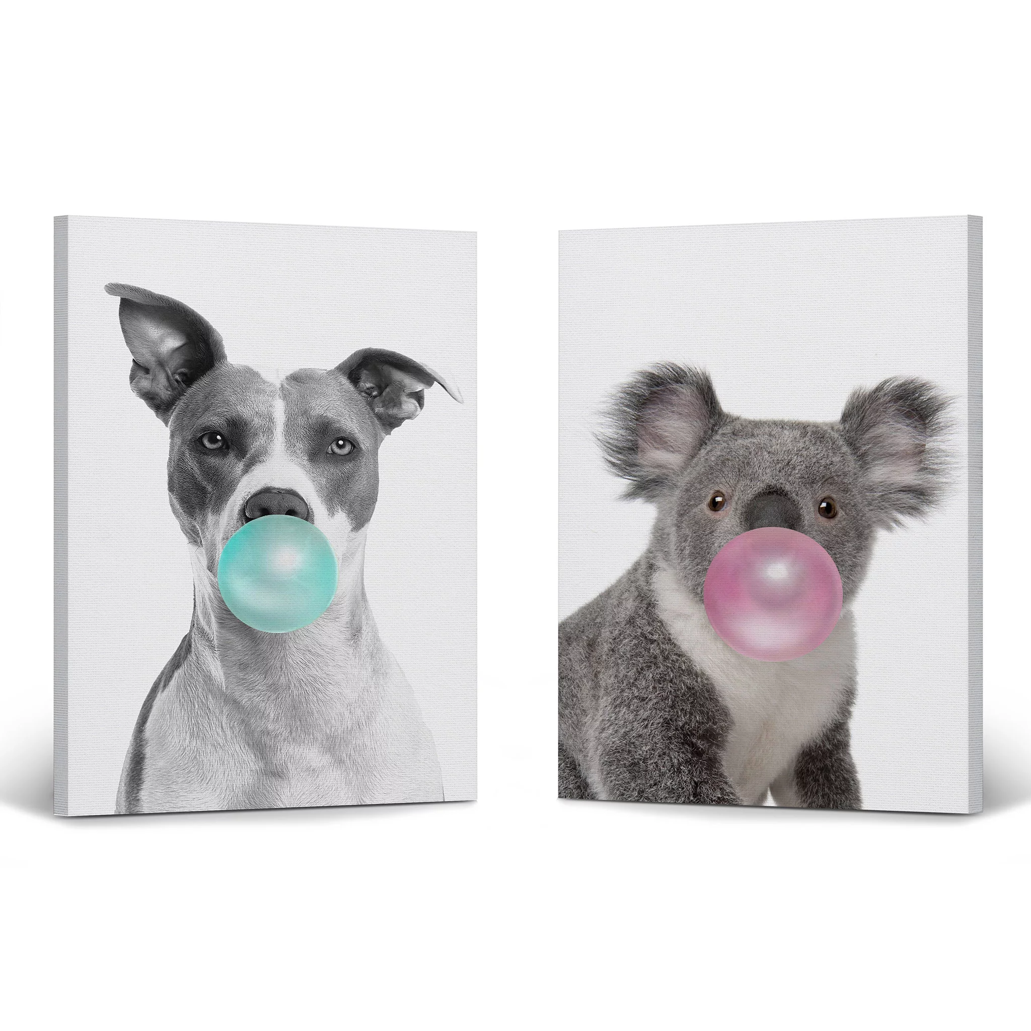 Smile Art Design Pitbull Dog and Koala Animal Bubble Gum Art 2 PANEL CANVAS PRINT SET Pink Blue Gum Black and White Wall Art Home Décor Living Room Kids Room Nursery Ready to Hang Made in USA 22x15