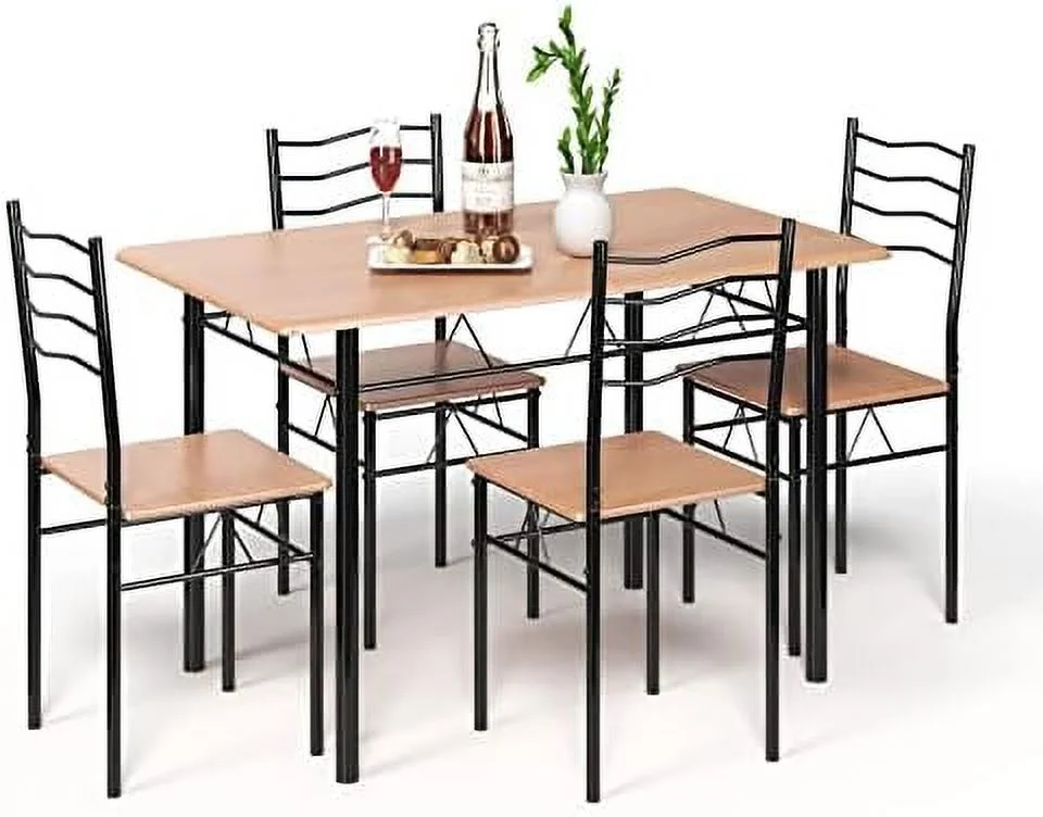 QUGDXVBN Modern 5 Piece Dining Table Set with 4 Chairs Metal Frame Wood Like Kitchen  Rectangular Table & Chair Sets for Dining Room (Shallow Walnut)