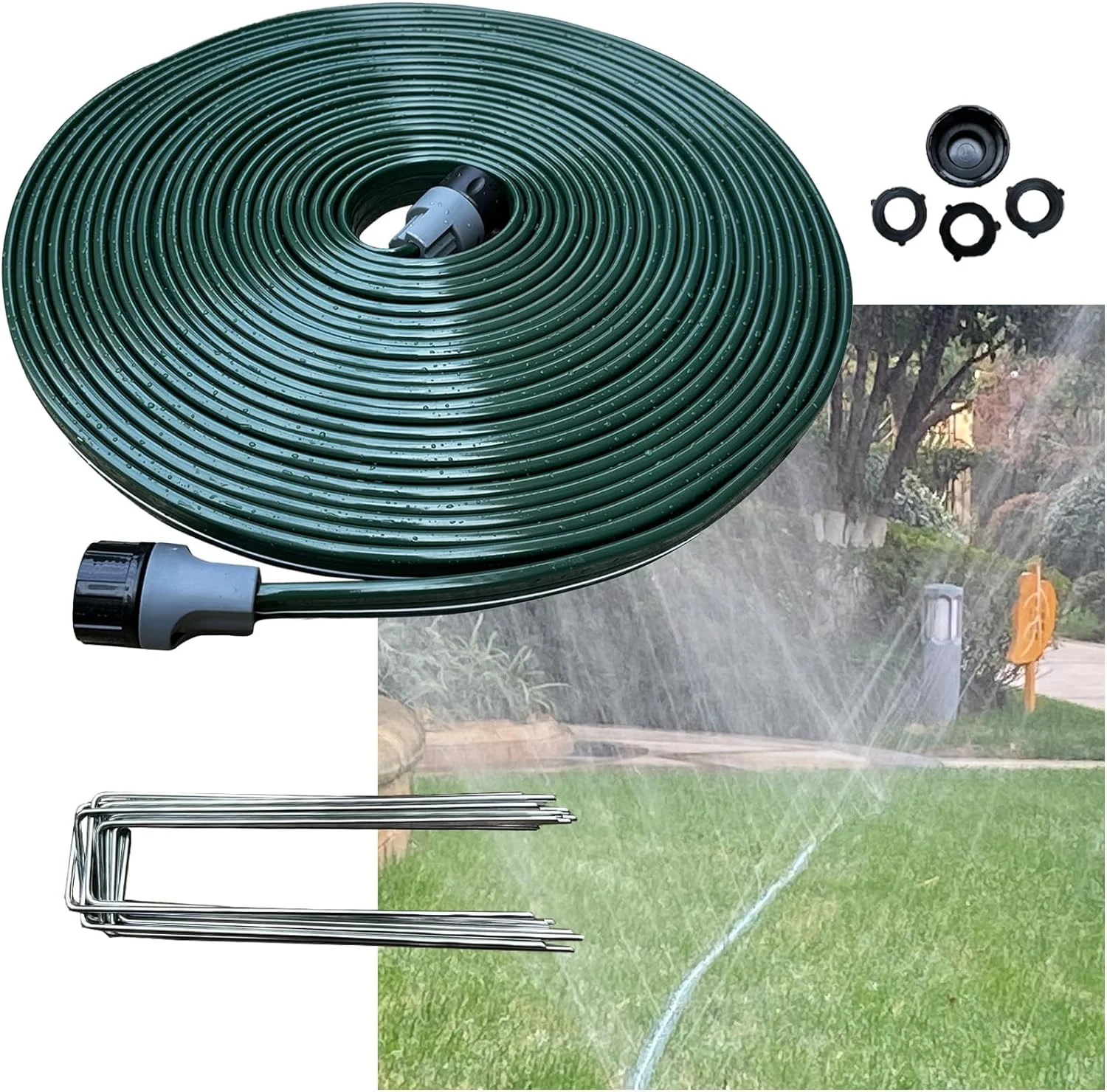 Liffey 2024 Flat Sprinkler Hose for Lawn Watering Garden Soaker hose with holes  50FT 2PACKS Heavy Duty Lightweight Liffey-Kink Water Hose with Stakes  Irrigation Hose  Great Fun for kids