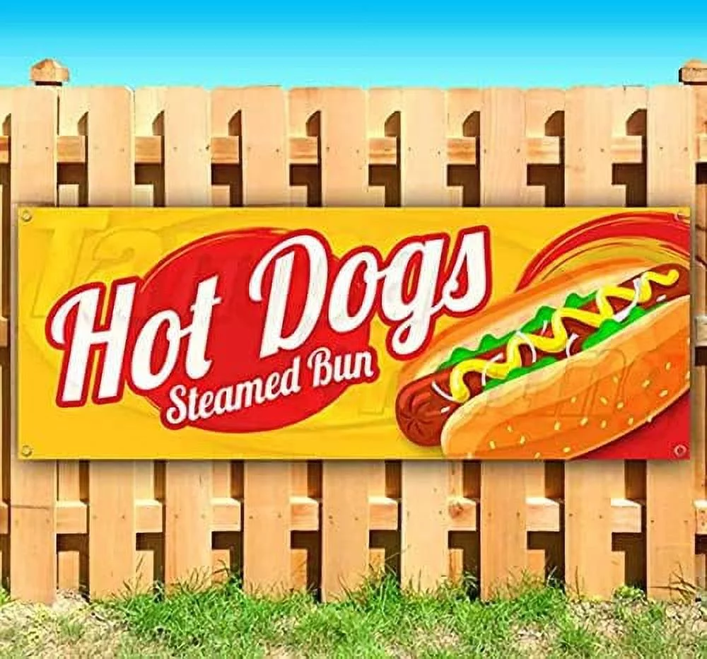 Hot Dogs Steamed Bun Banner 13 Oz | Non-Fabric | Heavy-Duty Vinyl Single-Sided With Metal Grommets