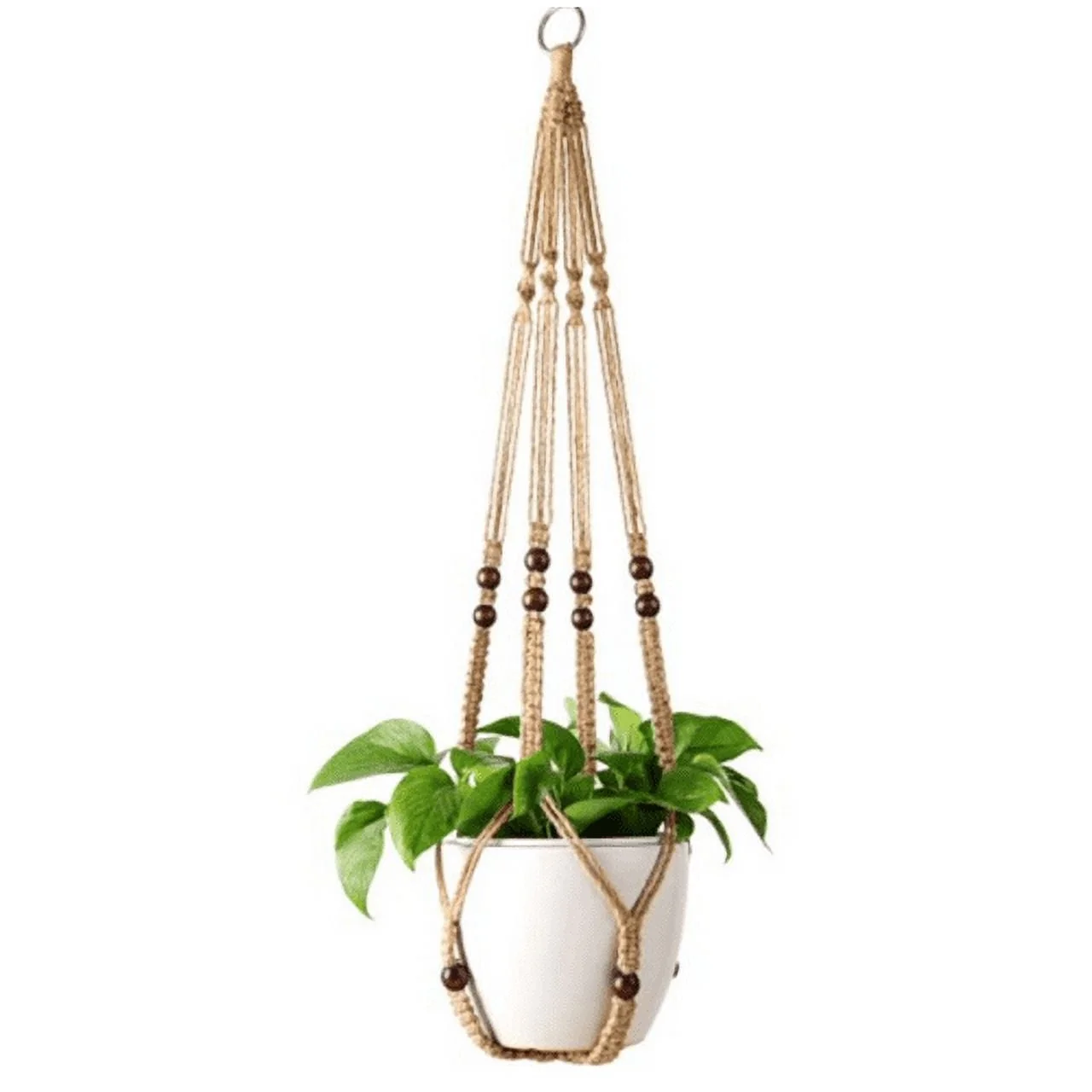 wileqep Macrame Plant Hanger Indoor Jute Hanging Planter Basket with Wood Beads Decorative Flower Pot Holder No Tassels for Indoor Outdoor Boho Home Decor 35 Inch, Brown