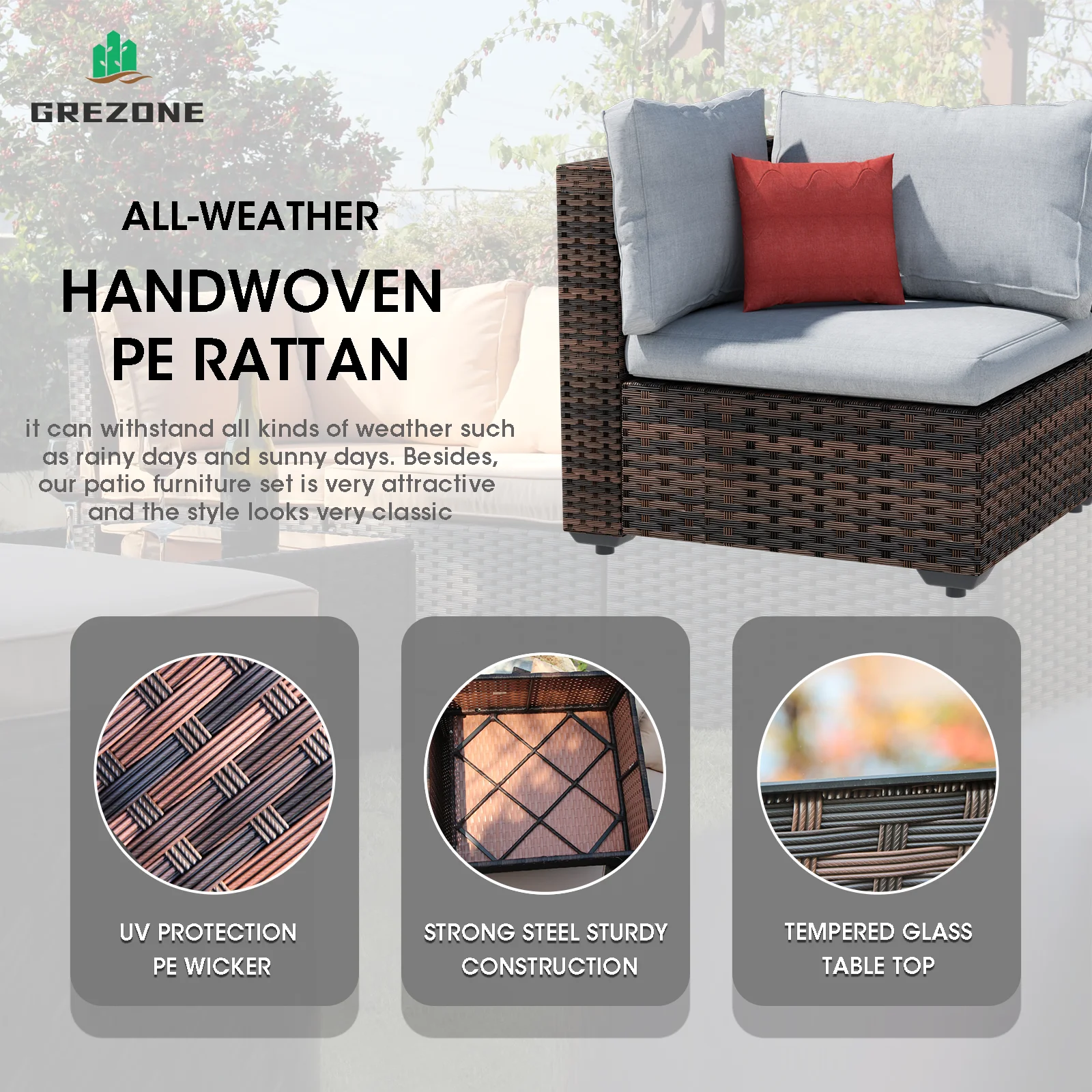 Grezone 9 Pieces Outdoor Patio Furniture, PE Wicker Rattan Sectional Sofa Patio Conversation Sets