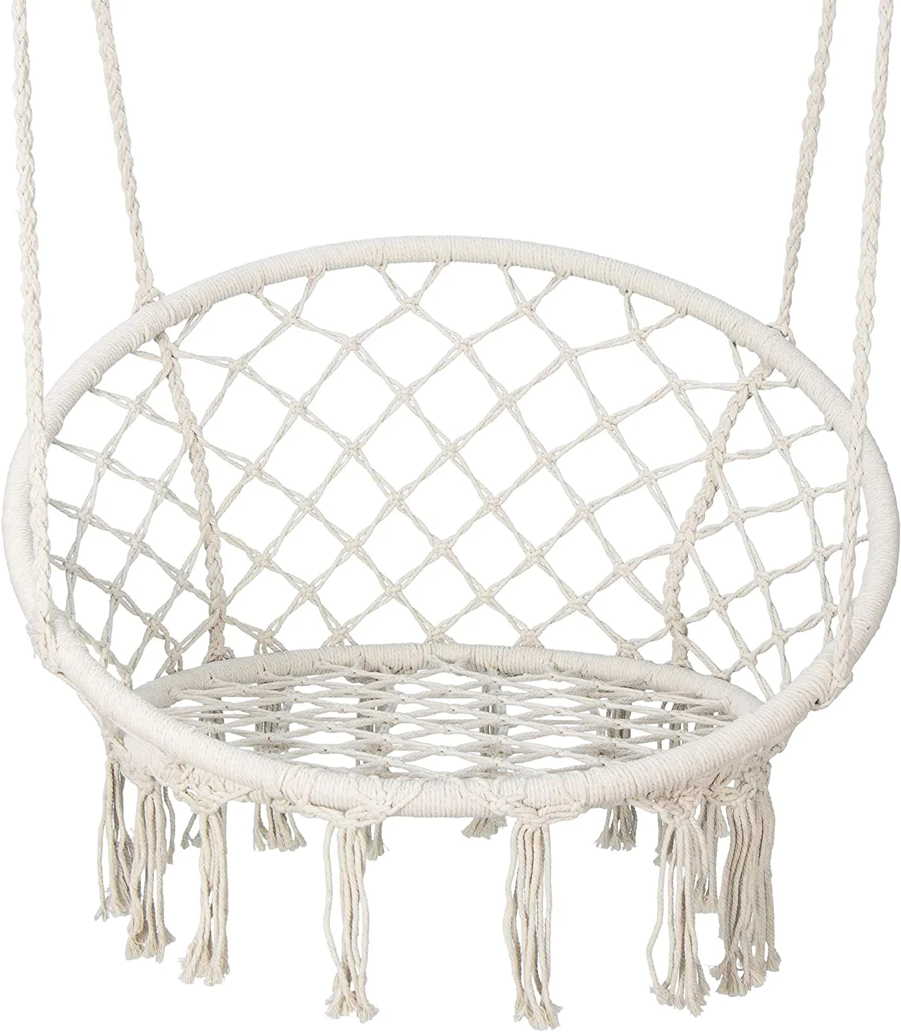 Hammock Chair Macrame Swing, Bohemian Style Round Hanging Chair, Handmade Knitted Cotton Rope Hammock Swing Chair for Indoor/Outdoor Home Bedroom Yard Garden Patio, Max 260Lbs, Beige