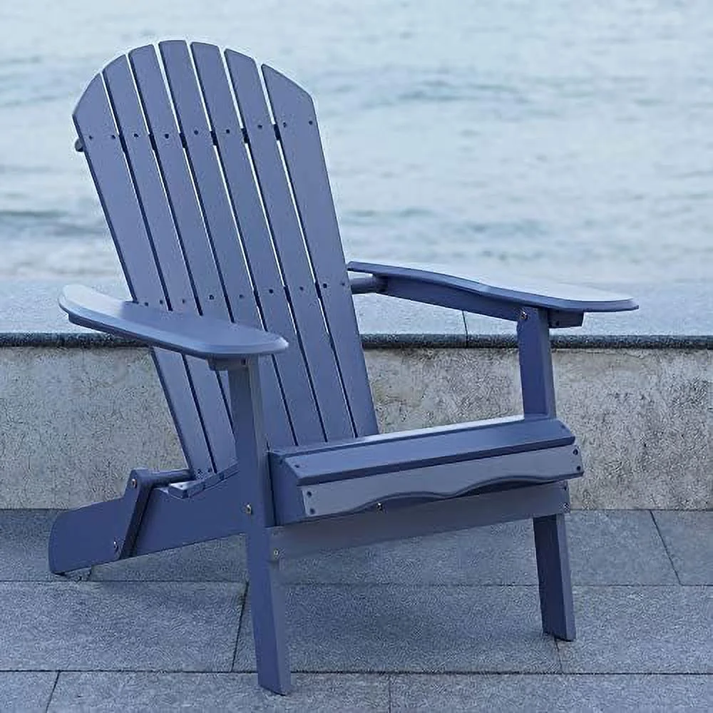 Products Real Acacia Hardwood Flat Folding Adirondack Patio Chair With Tall Backrest, Curved Seat,  Wide Armrests, Gray