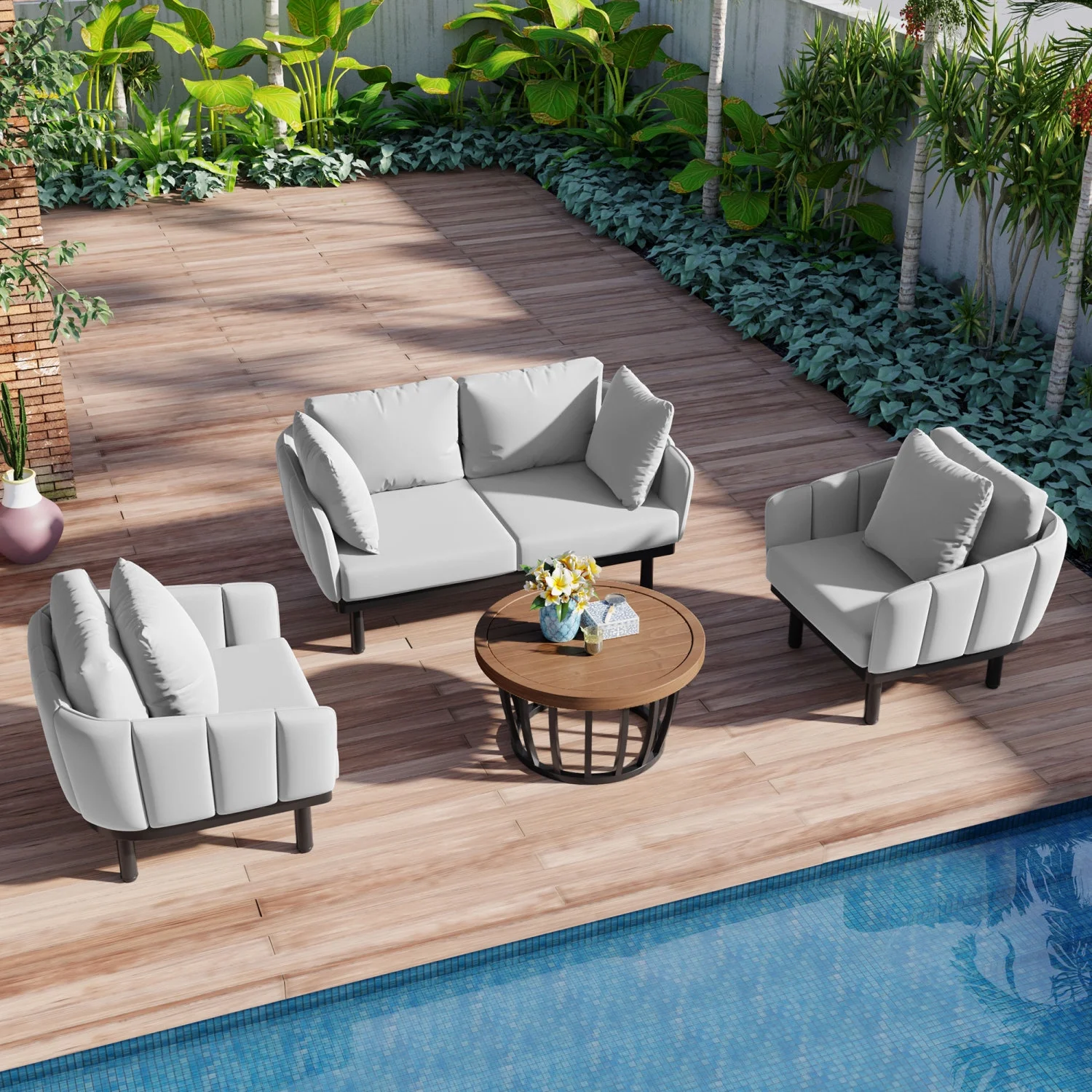 TOPMAX Luxury Modern 4-Piece Outdoor Iron Frame Conversation Set  Patio Chat Set with Acacia Wood Round Coffee Table for Backyard  Deck  Poolside  Indoor Use  Loveseat+Arm Chairs  Gray