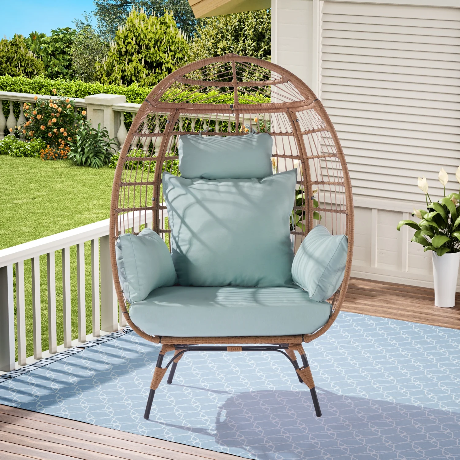 GUIOIHDC Wicker Egg Chair  Oversized Indoor Outdoor Lounger for Patio  Backyard  Living Room w/ 5 Cushions  Steel Frame  - Light Blue