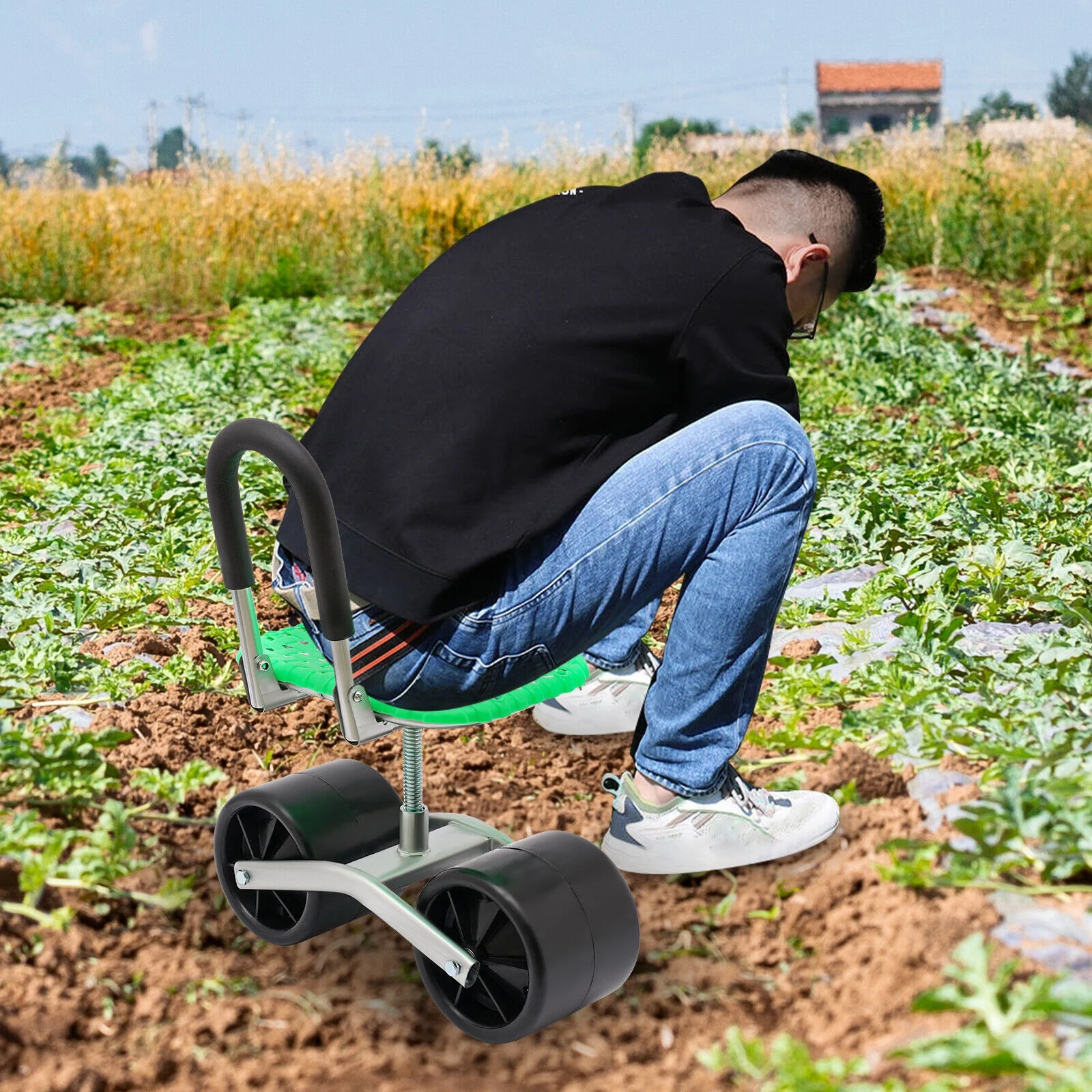 Height Adjust 360° Rotates Gardening Seats w/2 Rolling Wheels Stool Kneeling Pad