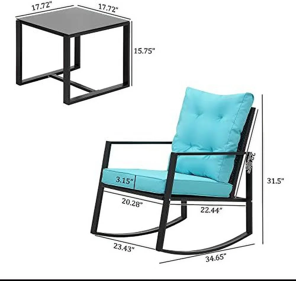 ASDRFYU 3 Piece Rocking   Patio Wicker Rocking Chair  Outdoor Rattan Rocker Chair with Glass Coffee Table  Wicker Rocker Chair for Garden  Porch  Backyard (Blue)