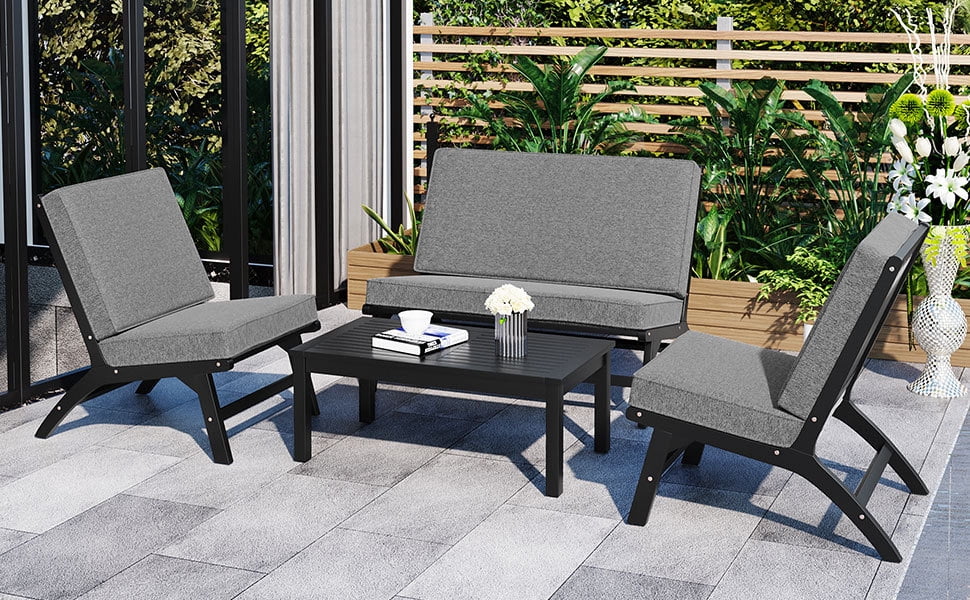 GO 4-Piece V-shaped Seats set  Acacia Solid Wood Outdoor Sofa  Garden Furniture  Outdoor seating  Black And Gray