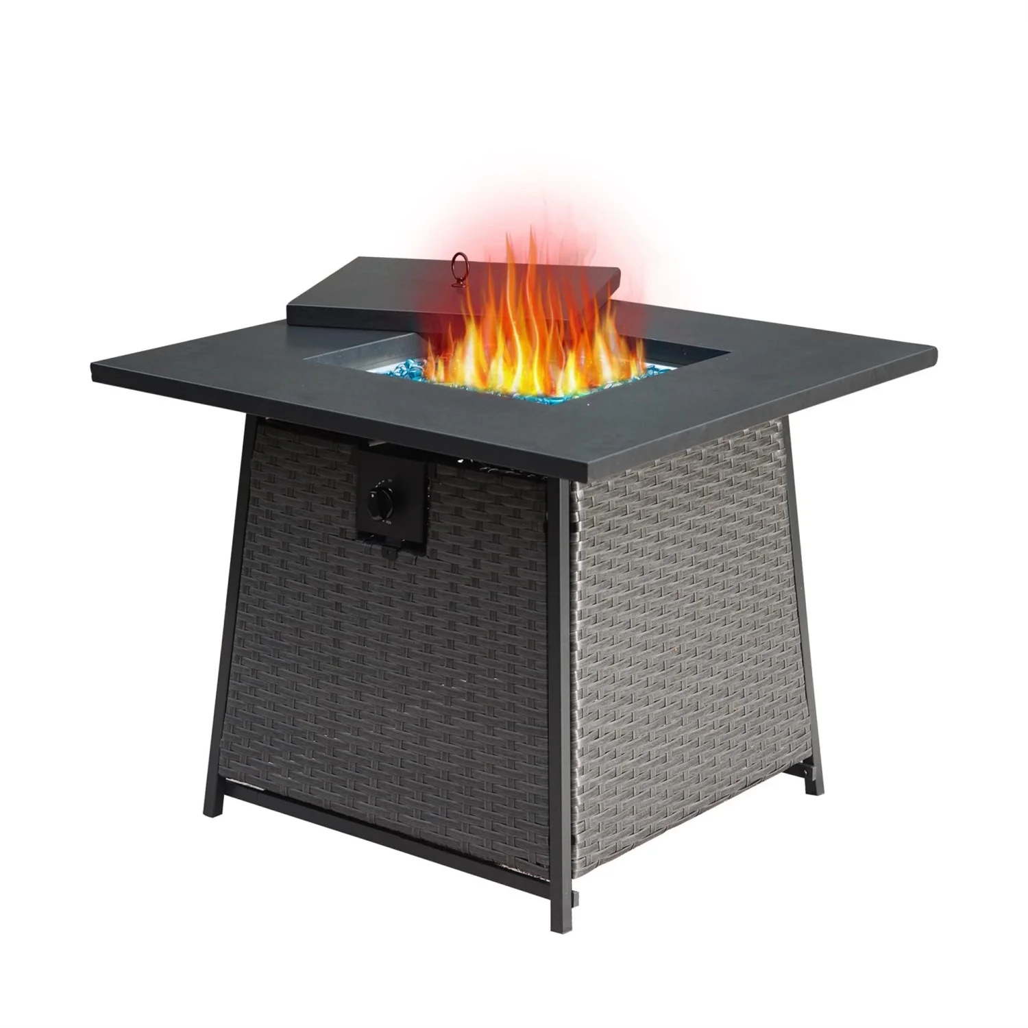 LEIYEHOOM 28 Inch Propane Fire Pits  with Blue Glass  50 000 BTU Outdoor Wicker Fire  with ETL-Certified 2-in-1 Square Steel Gas Firepits (Dark Gray)