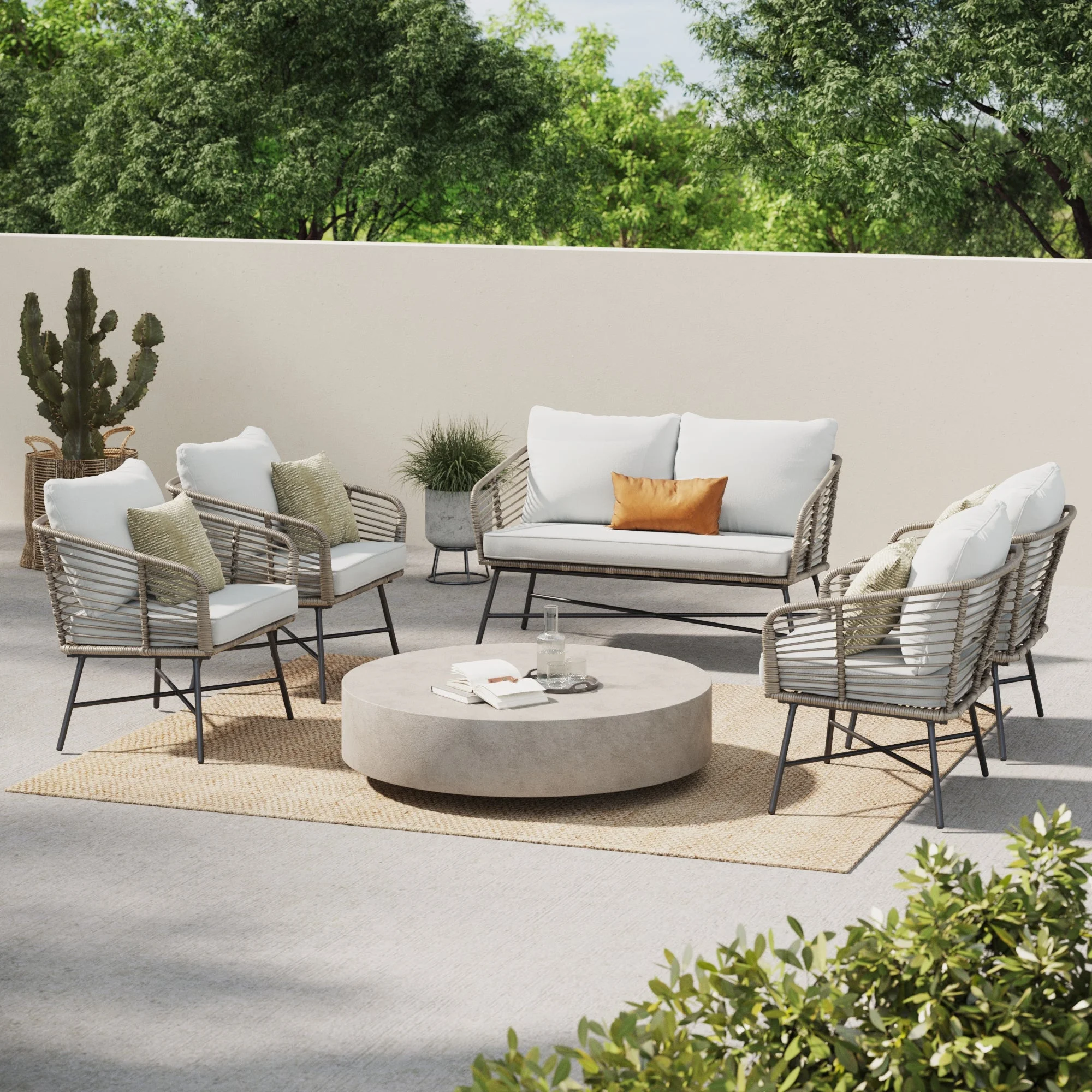 Nathan James Flow Bohemian 4-Piece Conversation Patio Set, Metal Outdoor Loveseat and Chair Set, Pale Gray