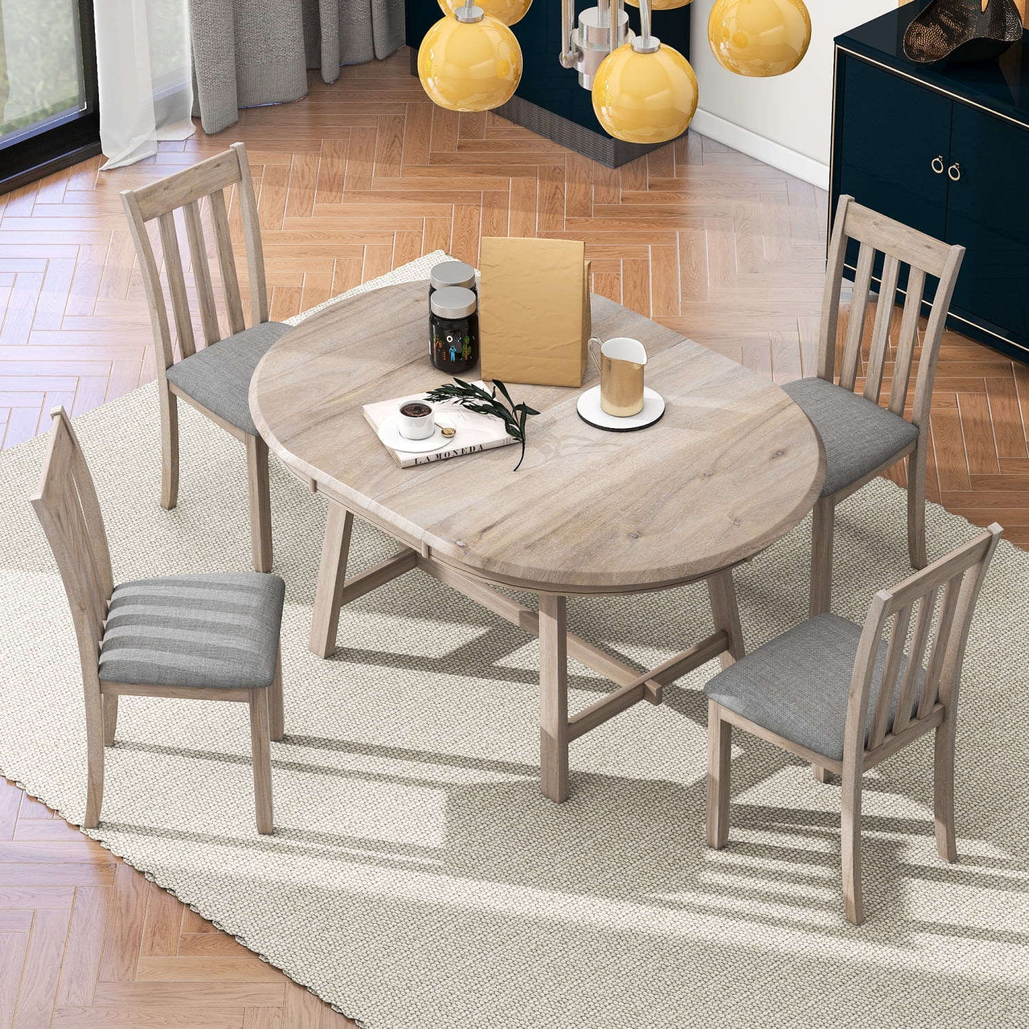 Stylish and Elegant 5-Piece Wooden Dining Room Furniture Set with Modern TREXM Round Extendable Dining Table and 4 Comfortable Chairs for a Comfortable and Stylish Dining Experience - Nat
