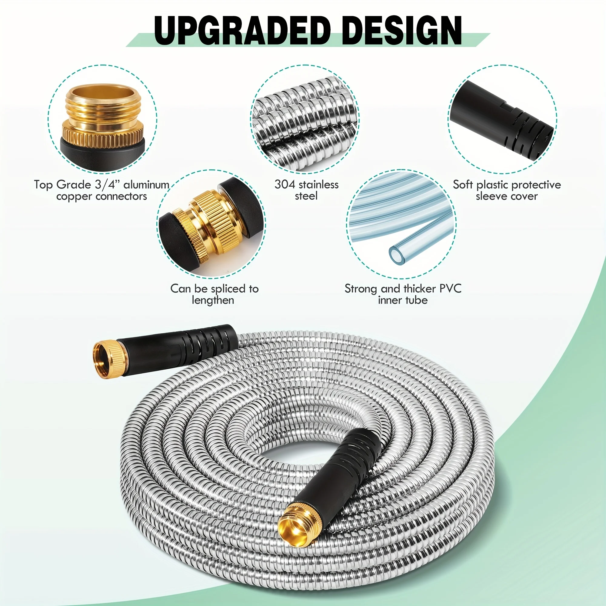 Metal Garden Hose 100FT, Stainless Steel Water Hose with 10-Function Sprayer Nozzle, Heavy Duty Garden Hose Flexible & Never Kink Puncture Proof Hose for Yard, Outdoors