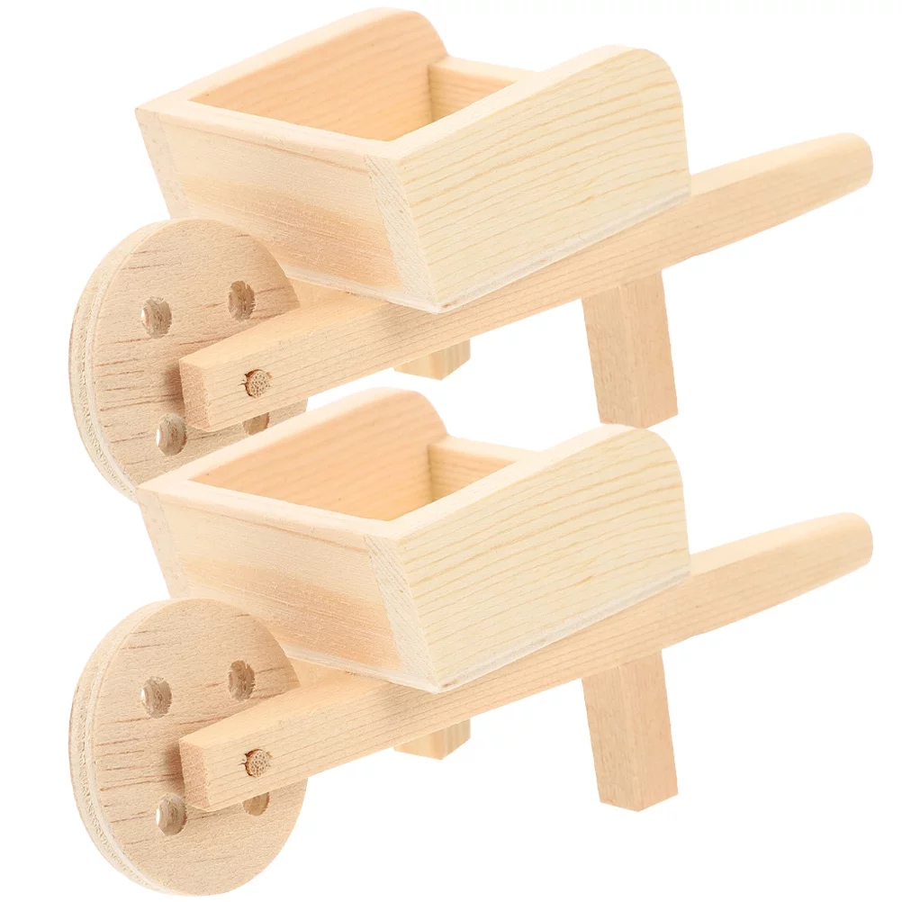 Gongxipen 2 pcs Doll House Miniature Wooden Barrows Mini Wood Wheelbarrows Models Mini Cart Barrows