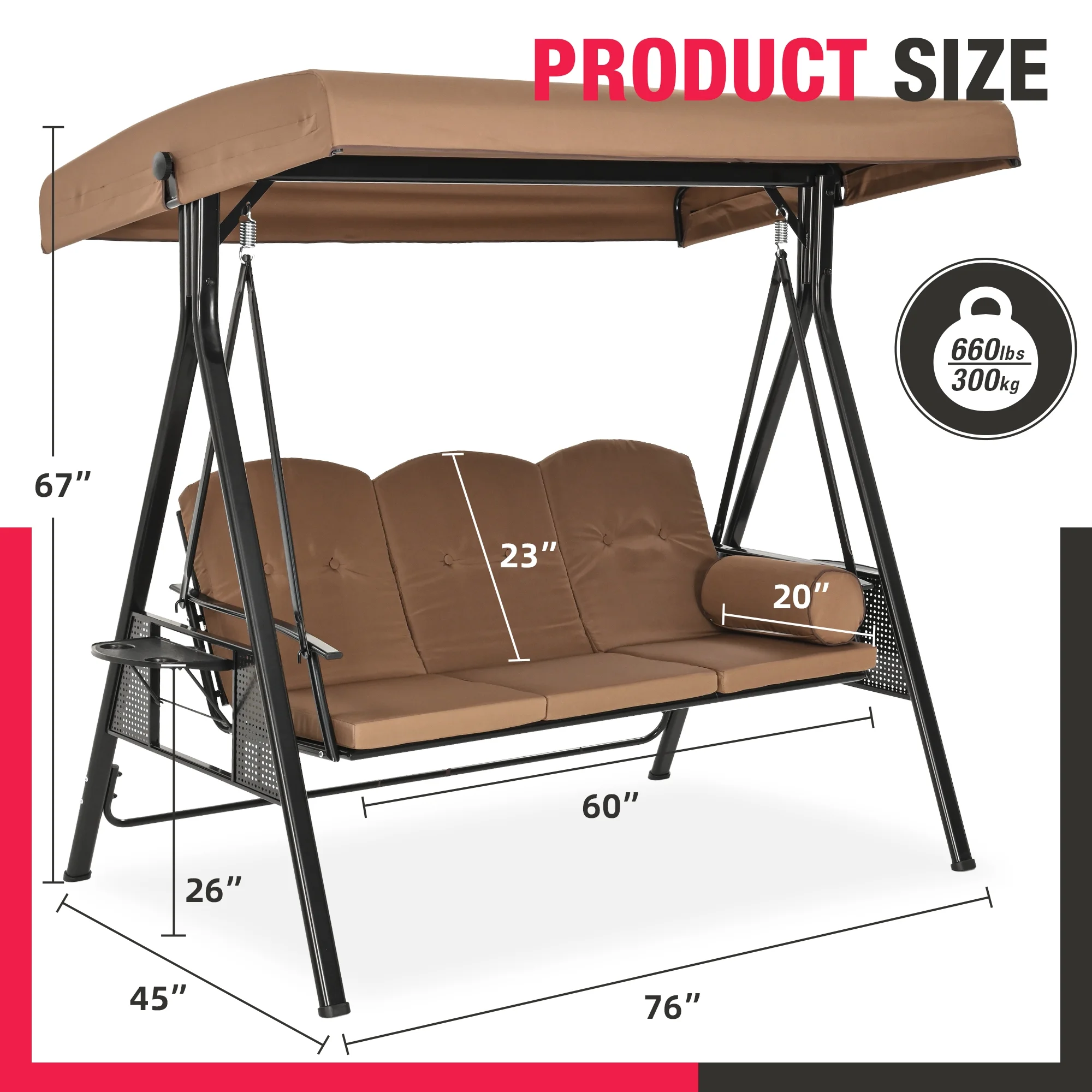 3-Person Brown Metal Patio Swing with Canopy and Cushions