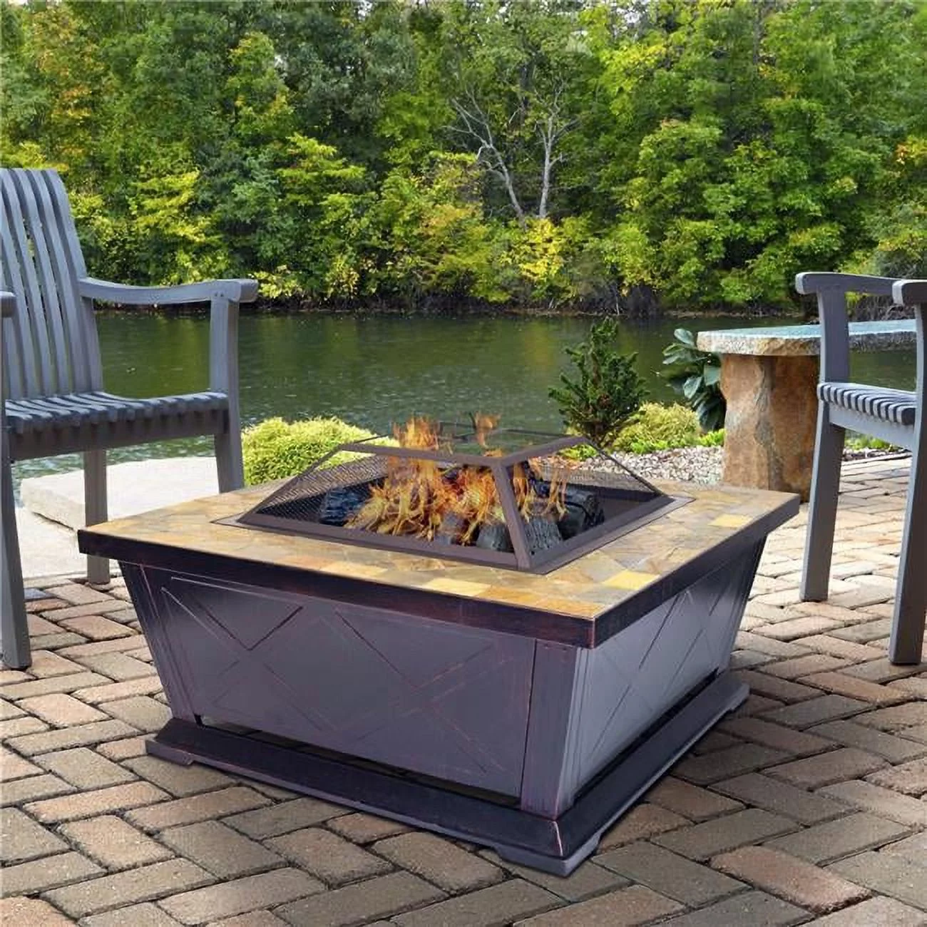 21 x 36 x 36 in. Outdoor Leisure Products Square Steel Fire Pit with Decorative Slate Hearth, Oil Rubbed Bronze