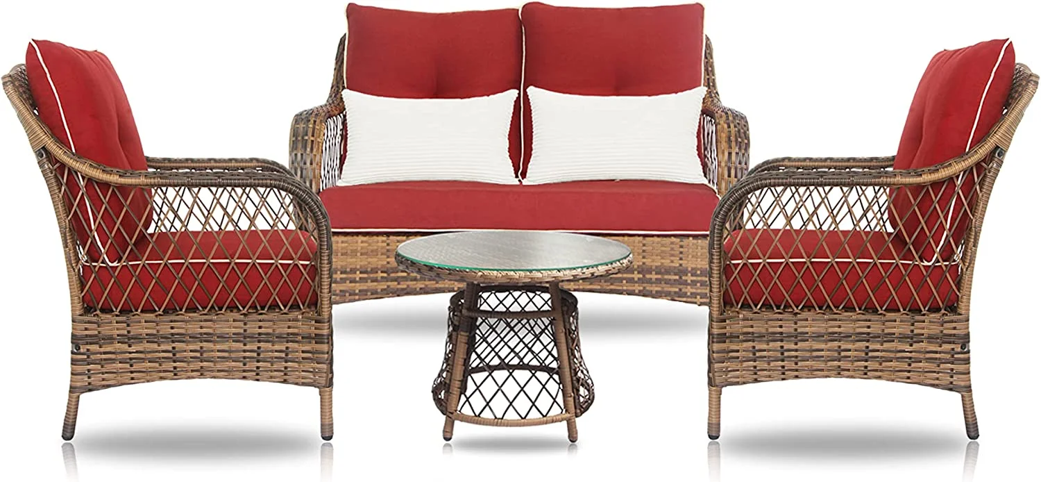 N&V Outdoor Chairs Set Bistro Set 3 Pieces Patio Conversation Set Furniture Set for Balcony Rattan Chairs and Table with Cushions Beige Red Green (Beige)