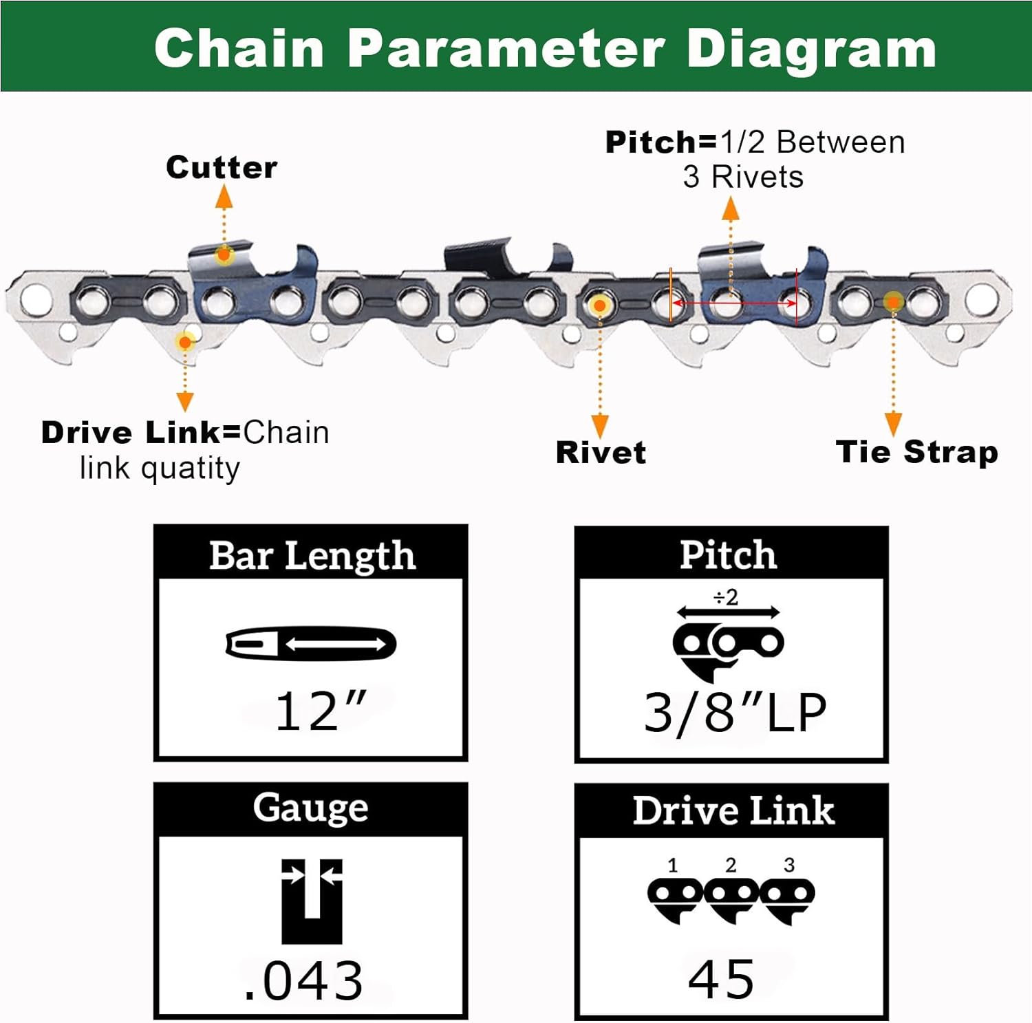 3-Pack 12 Inch Chainsaw Chain R45, 3/8