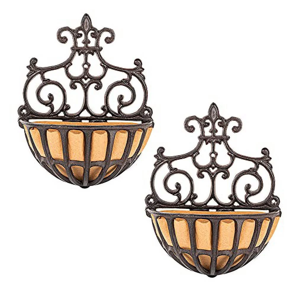 Sungmor 2 Pack Wall Hanging Planter Basket with Fabric Liner, Antique Victoria Style Cast Iron Wall Planter Holder, Outdoor Railing Fence Balcony Metal Hanging Basket Half Round Flower Pots