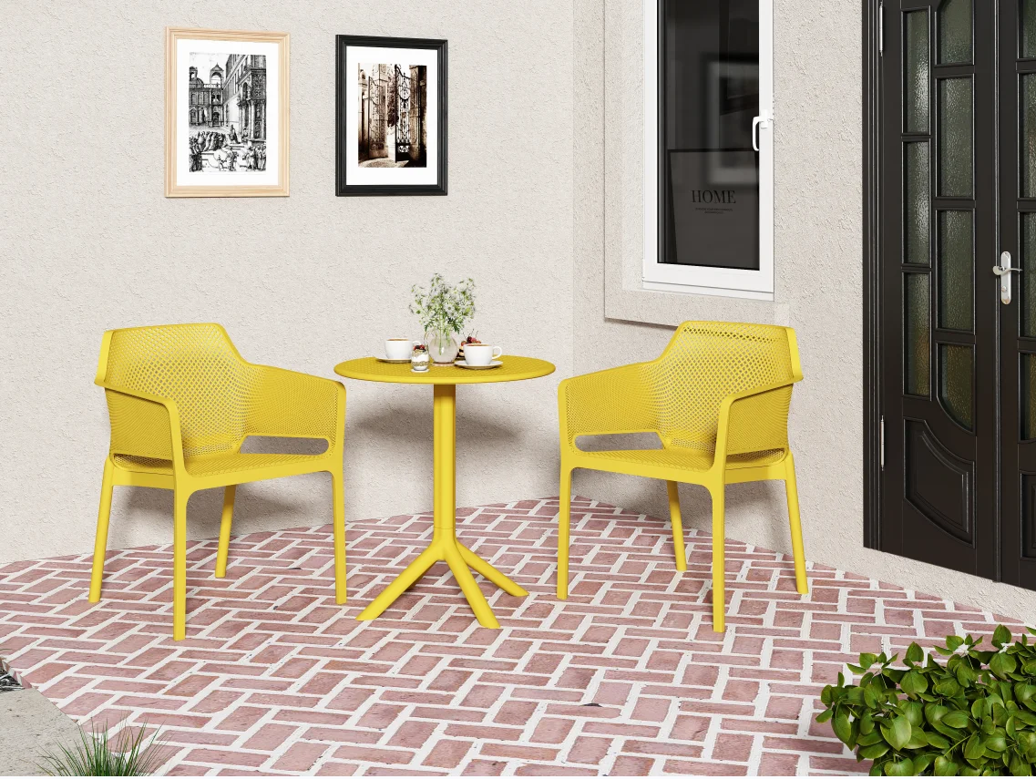Enhance Your Outdoor Dining Experience with this Stylish  Elegant 3-Piece Premium Ocean Plastic Bistro Chair Set. Featuring Modern Mustard Yellow Plastic Arms for a Vibrant Touch. Ideal f