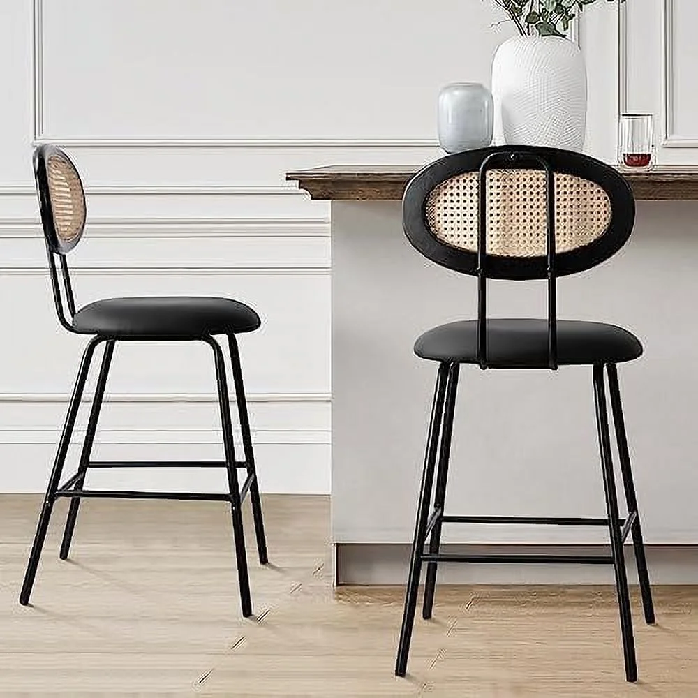 HYHBIBOOM Mid Century Modern Rattan Backrest Dining Chairs   White Boucle Upholstered Kitchen Side Chairs with Metal Chromed Legs for Dining Living Room