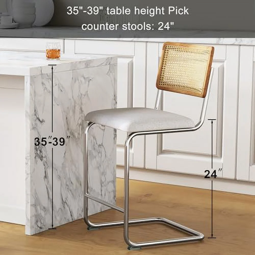 HBBOOMLIFE Black Modern Counter Height  Stools  with Natural Rattan Cane and Solid Wood Backs  24 Inch Upholstery with Metal Chrome Legs Mid Century  Chairs