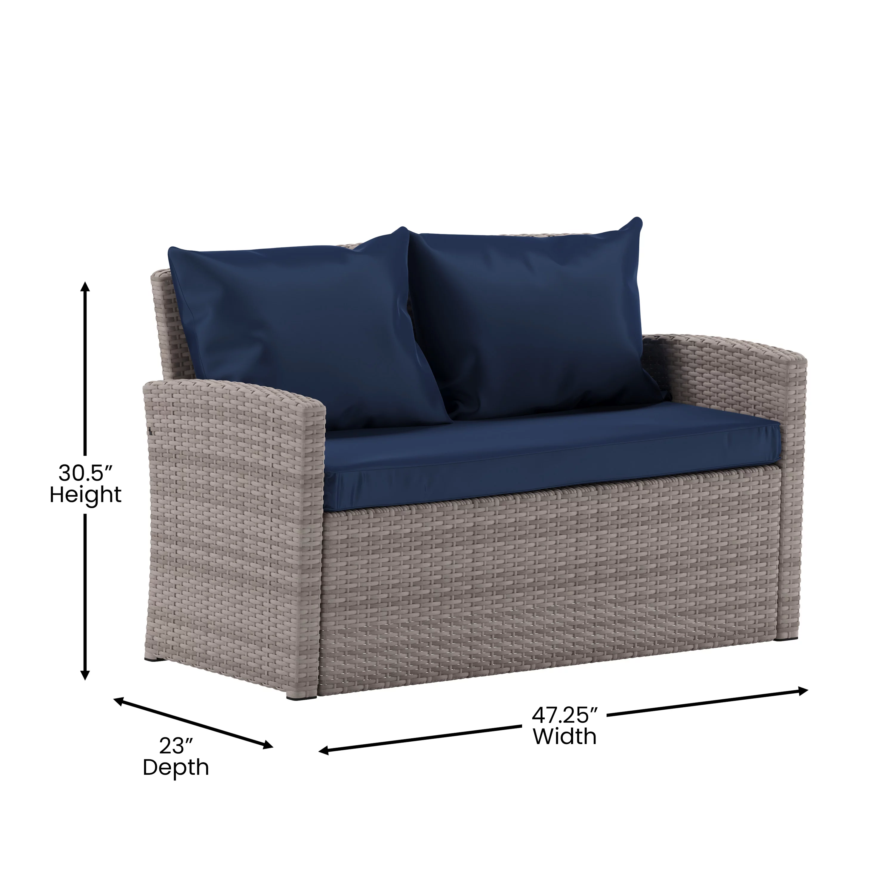 BizChair Series 4 Piece Light Gray Patio Set with Navy Back Pillows and Seat Cushions