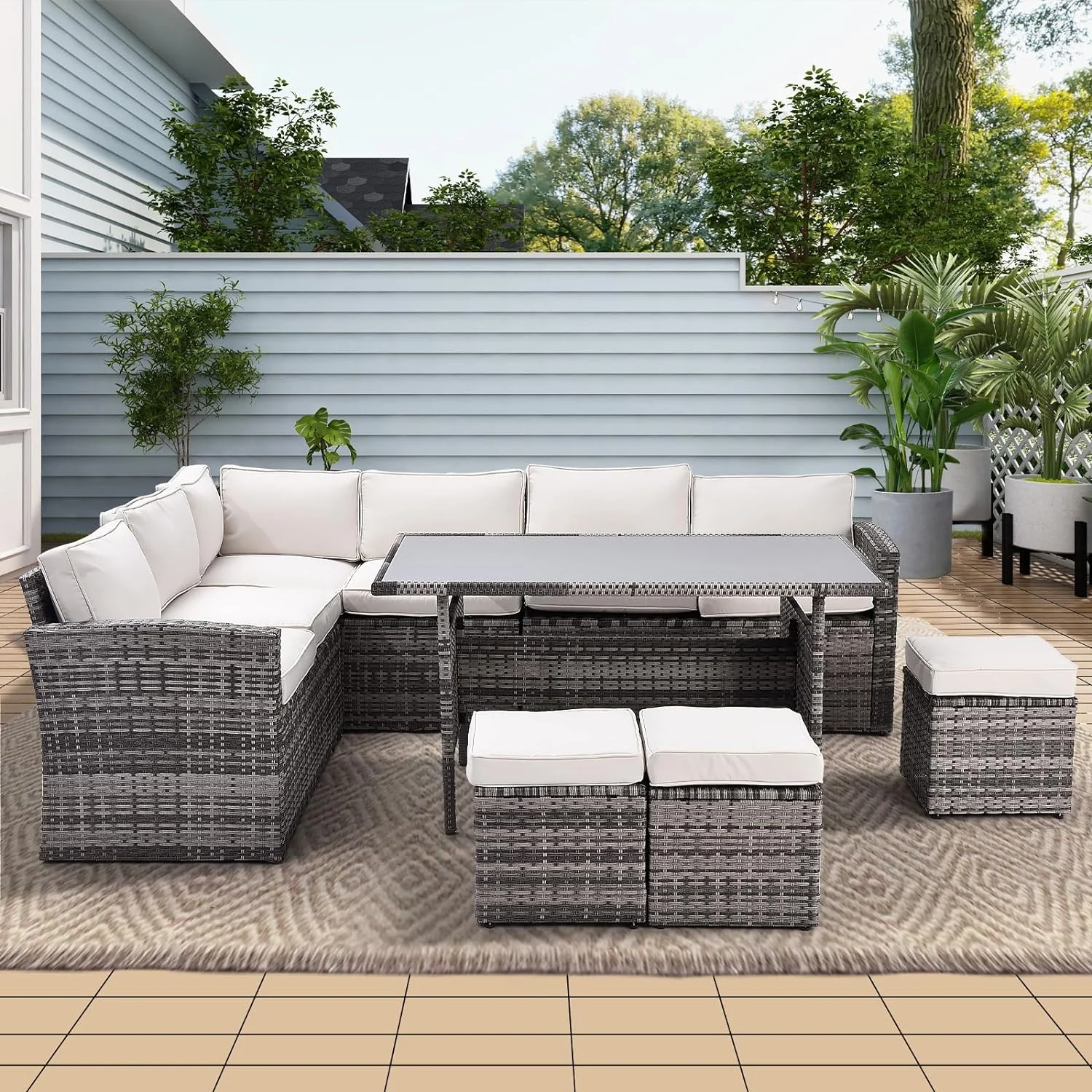 Dina 7 Pieces Outdoor Patio Furniture Set  All-Weather Rattan Sectional Sofa Wicker Conversation Set with Cushion  Coffee Table for Garden  Backyard Poolside(Peacock Blue)
