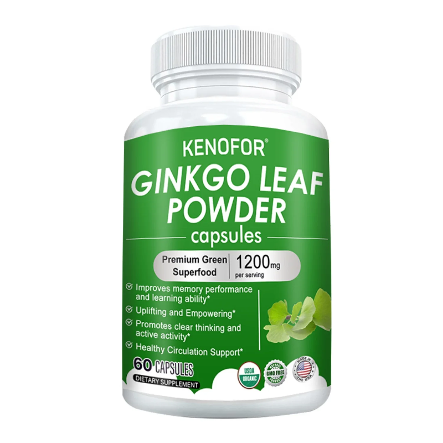 Kenofor Ginkgo Extract Supplement - with Vitamin C - Supports Improve Learning, Memory and Mental Clarity - 30/60/120 Capsules