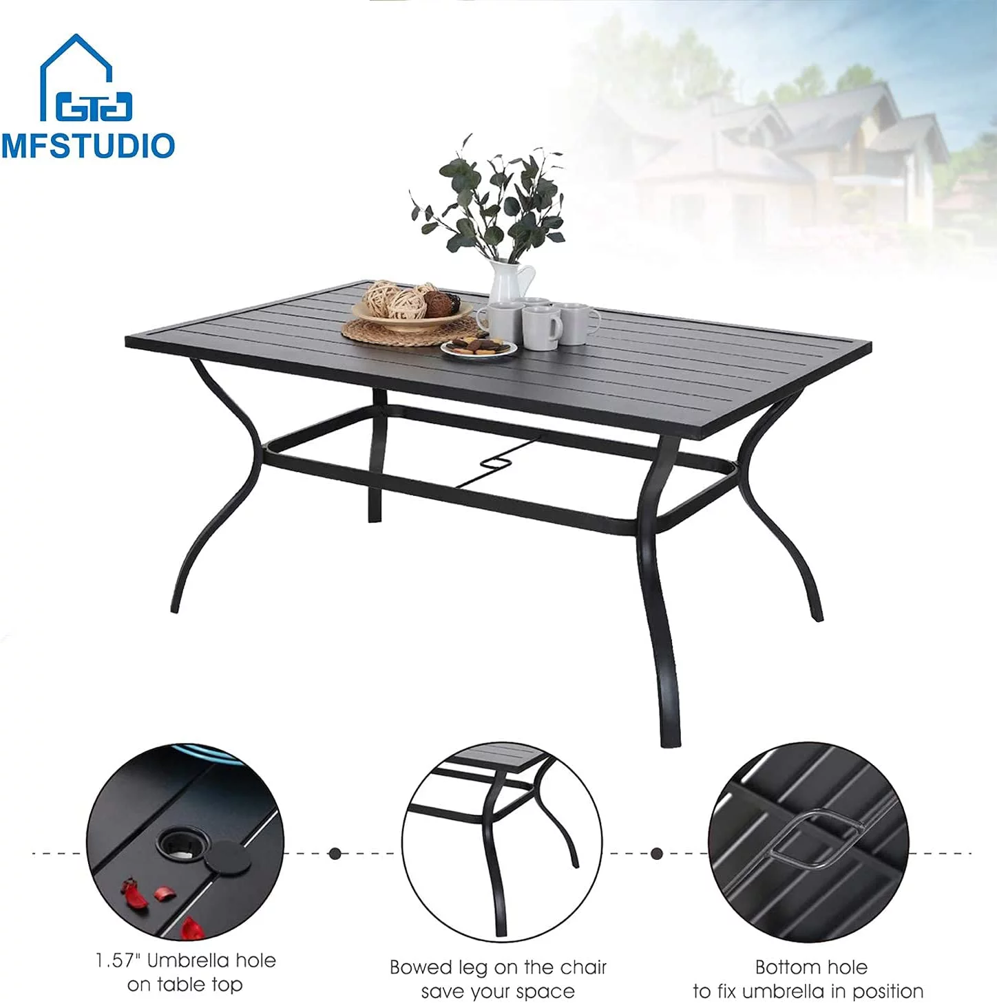 7 Piece Outdoor Patio Dining Set 6 Spring Motion Cushion Chairs  1 Rectangular Table with 1.57" Umbrella Hole Furniture Sets for Lawn Backyard Garden