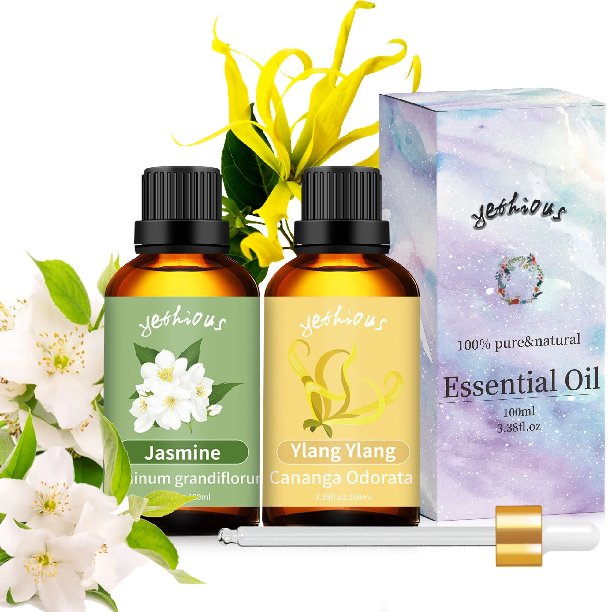 Yethious Jasmine, Ylang Ylang Essential Oil 100% Pure, Undiluted, Natural, Aromatherapy 100ml