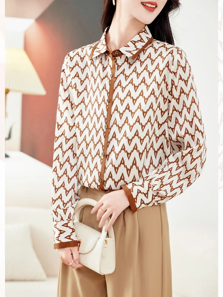 Spring And Summer New Silk Silk Temperament Is Thin, Elegant Long Sleeve Real Silk Simple Top, Lady Shirt A Letter 2Xl