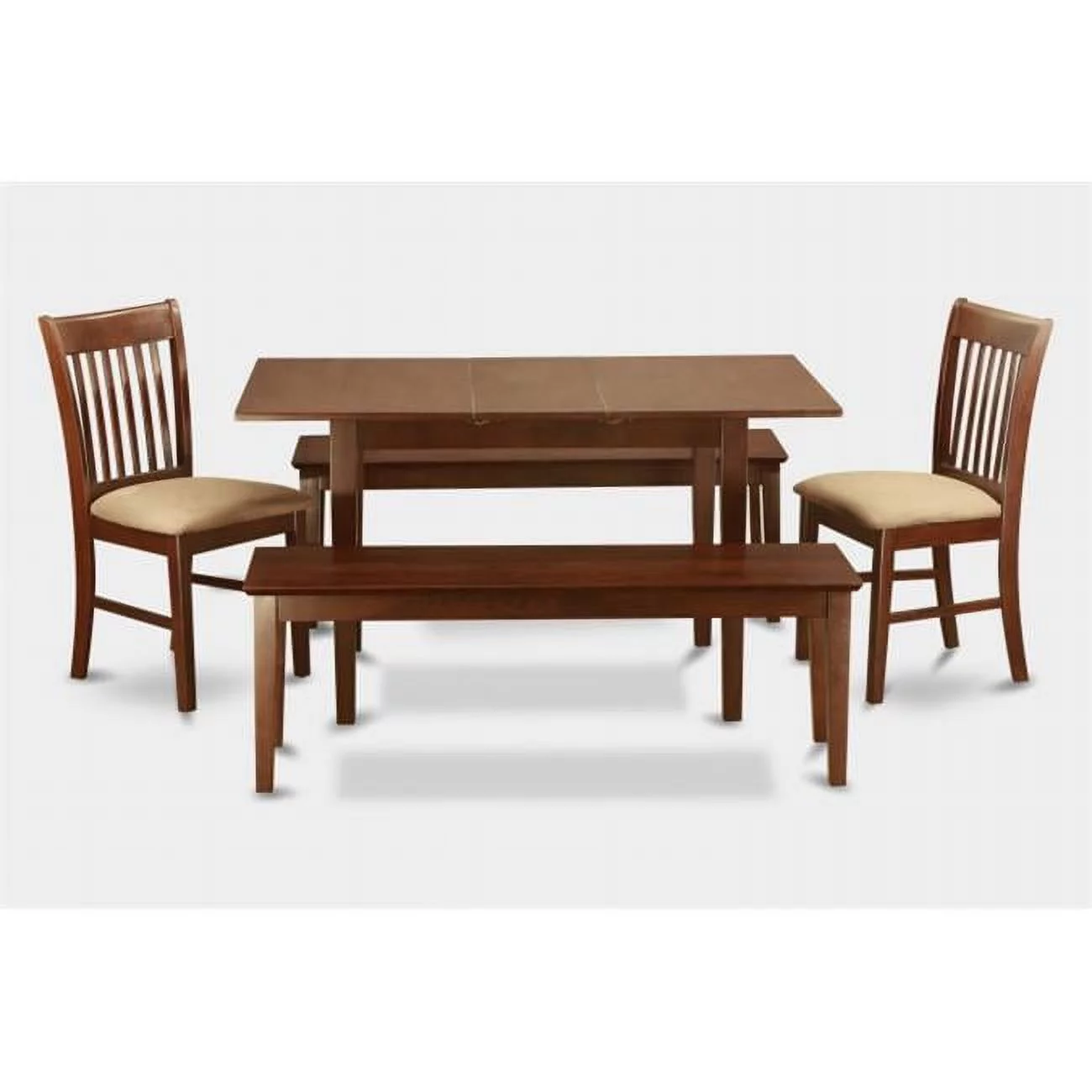East West Furniture  Norfolk Table with 12 in Self Storage Leaf Plus 2 Cushioned Chairs and 2 51-in Long Benches - Mahogany Color