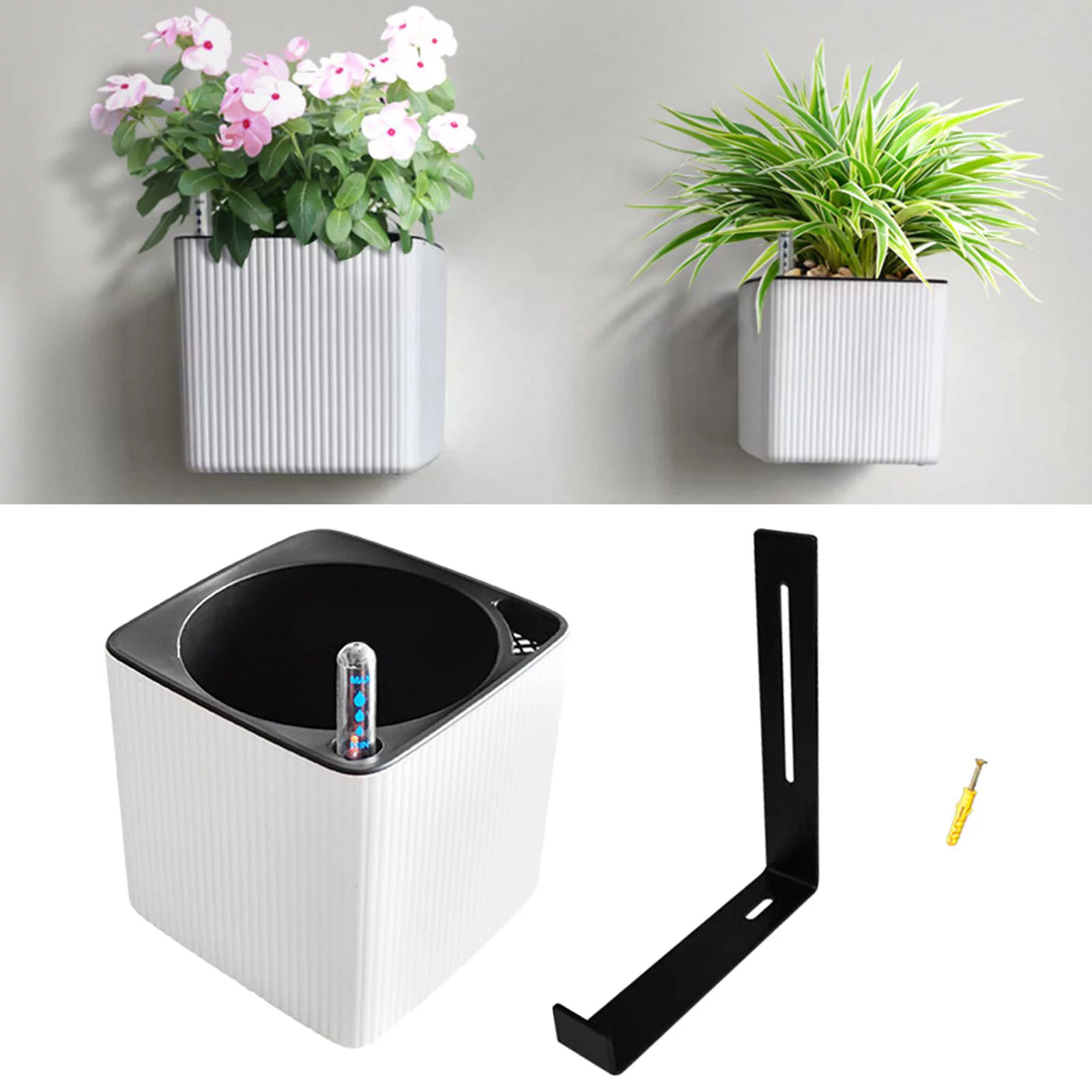 Auto Lazy Flower Pot Self Watering Water-Absorbing with Water Level White with Bracket