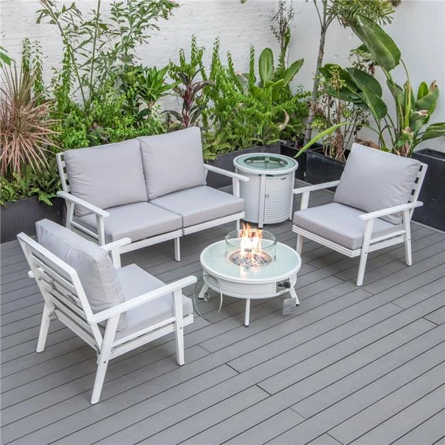 Walbrooke Modern White Patio Conversation with Round Fire Pit Slats Design & Tank Holder, Light Gray