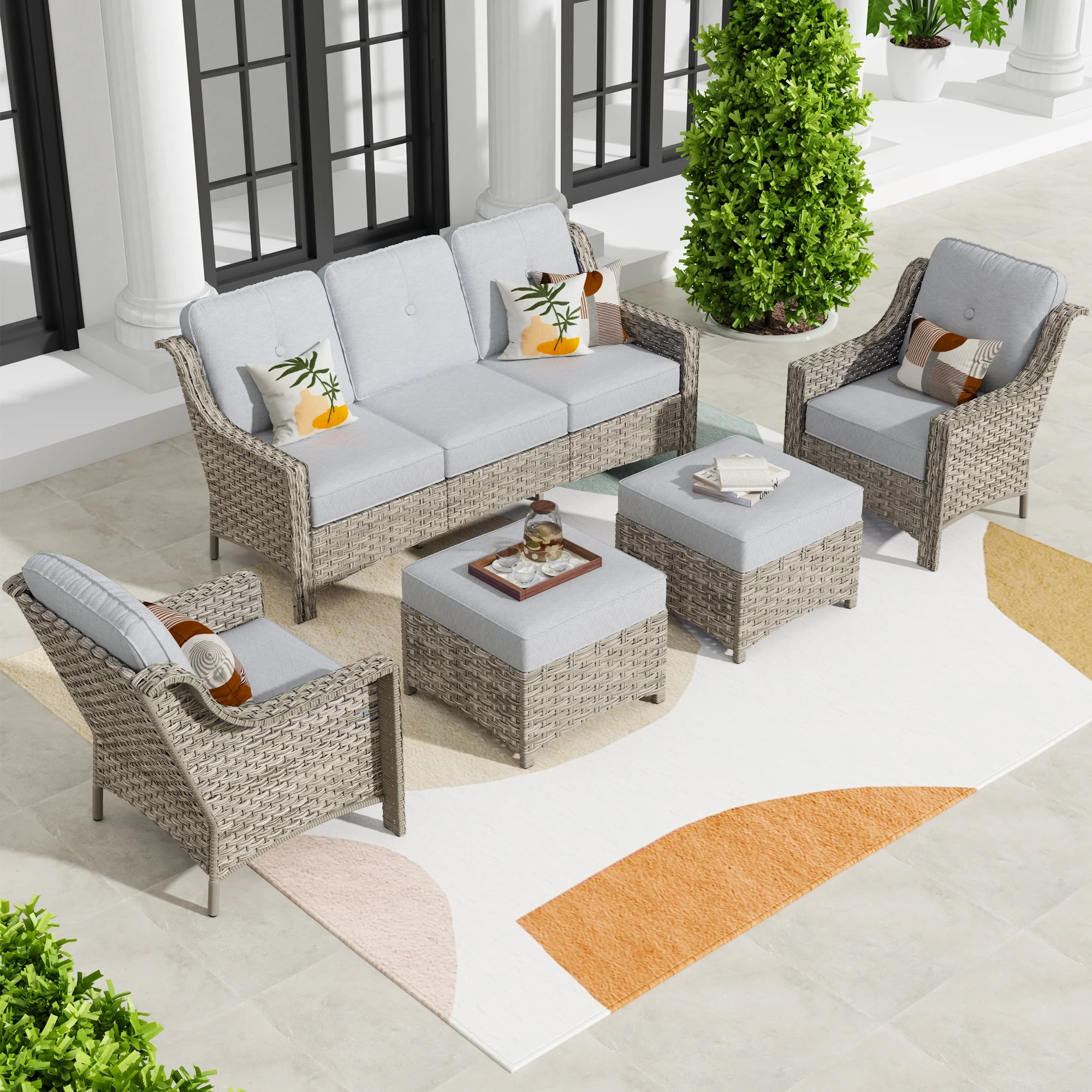 HOOOWOOO Outdoor Patio Furniture Set PE Wicker Rattan 3 Seat Sofa Conversation Set with Chair and Ottoman,Grey