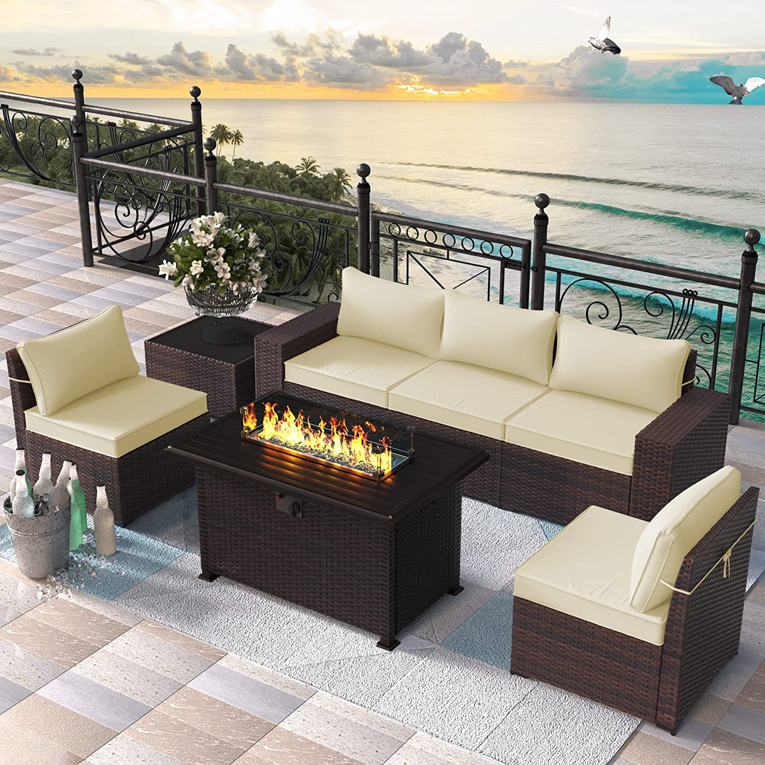 Outdoor Patio Furniture Set  12 Pieces Outdoor Furniture All Weather Patio Sectional Sofa PE Wicker Modular Conversation Sets with Coffee Table 10 Chairs & Seat Clips(Dark Blue)