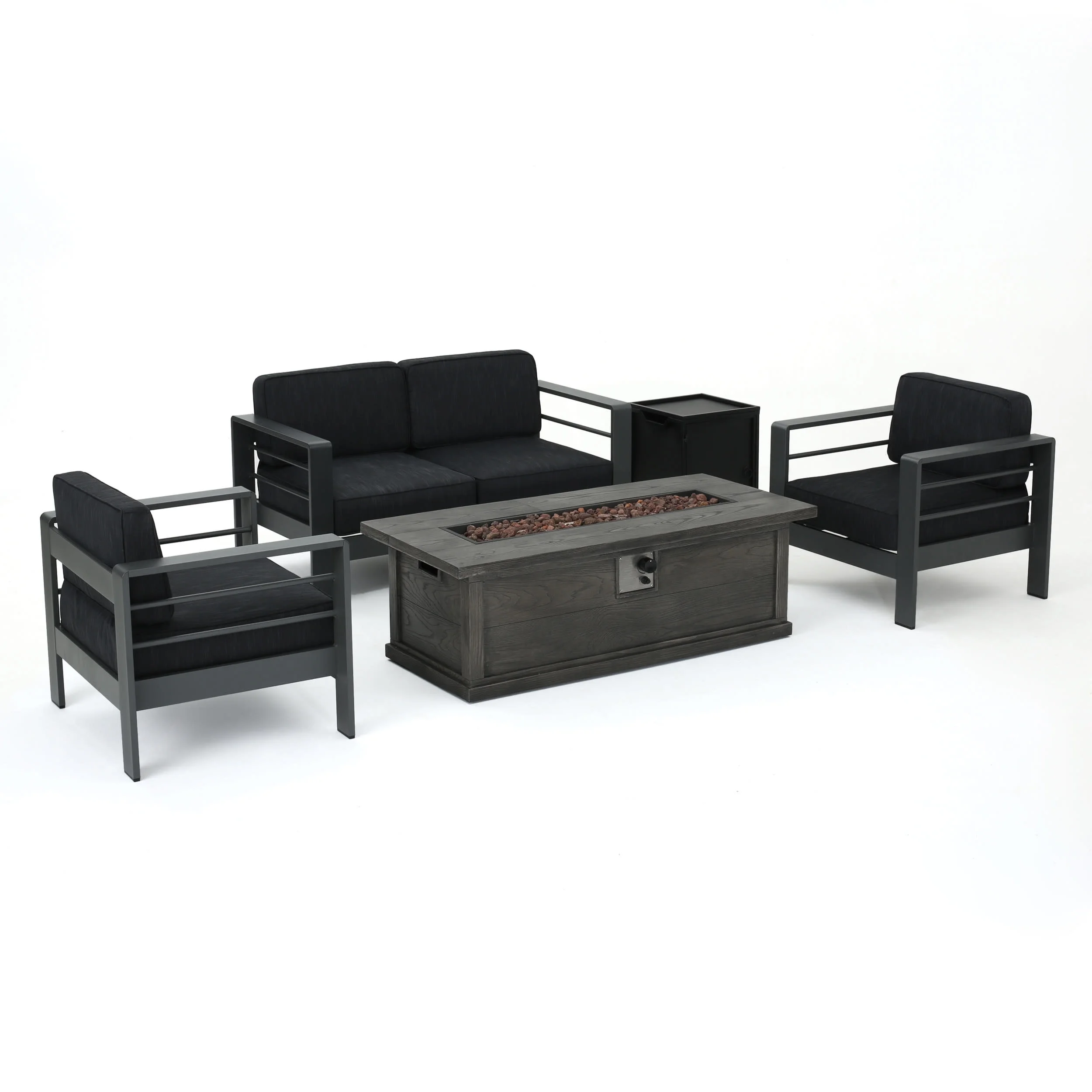 GDF Studio Crested Bay Outdoor Aluminum 4 Seater Chat Set with Fire Pit, Dark Gray, Gray, and Gray Wood