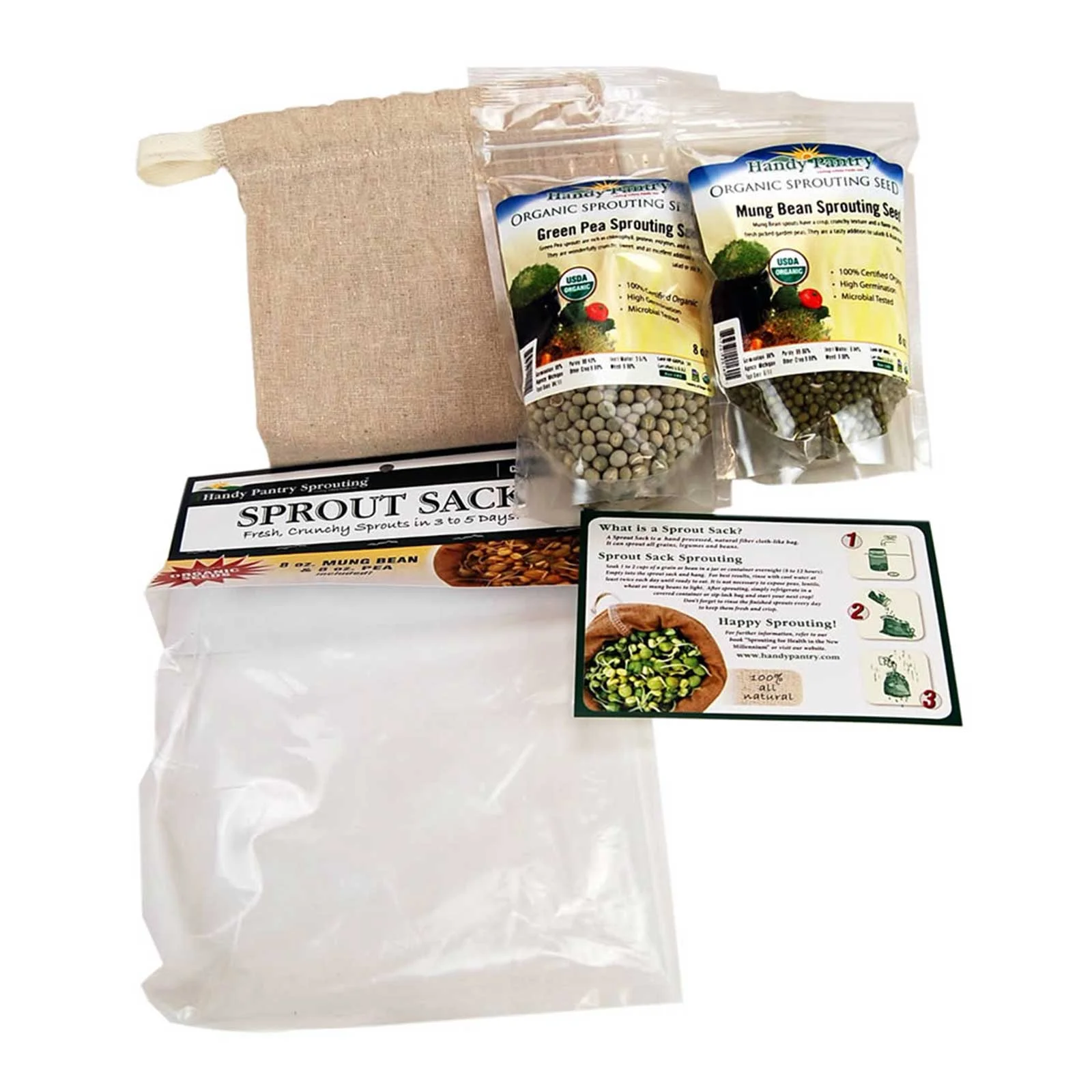 Handy Pantry Sprout Sack Combo Pack - Certified Organic - Sprouting Bag Plus Green Pea & Mung Bean Seeds