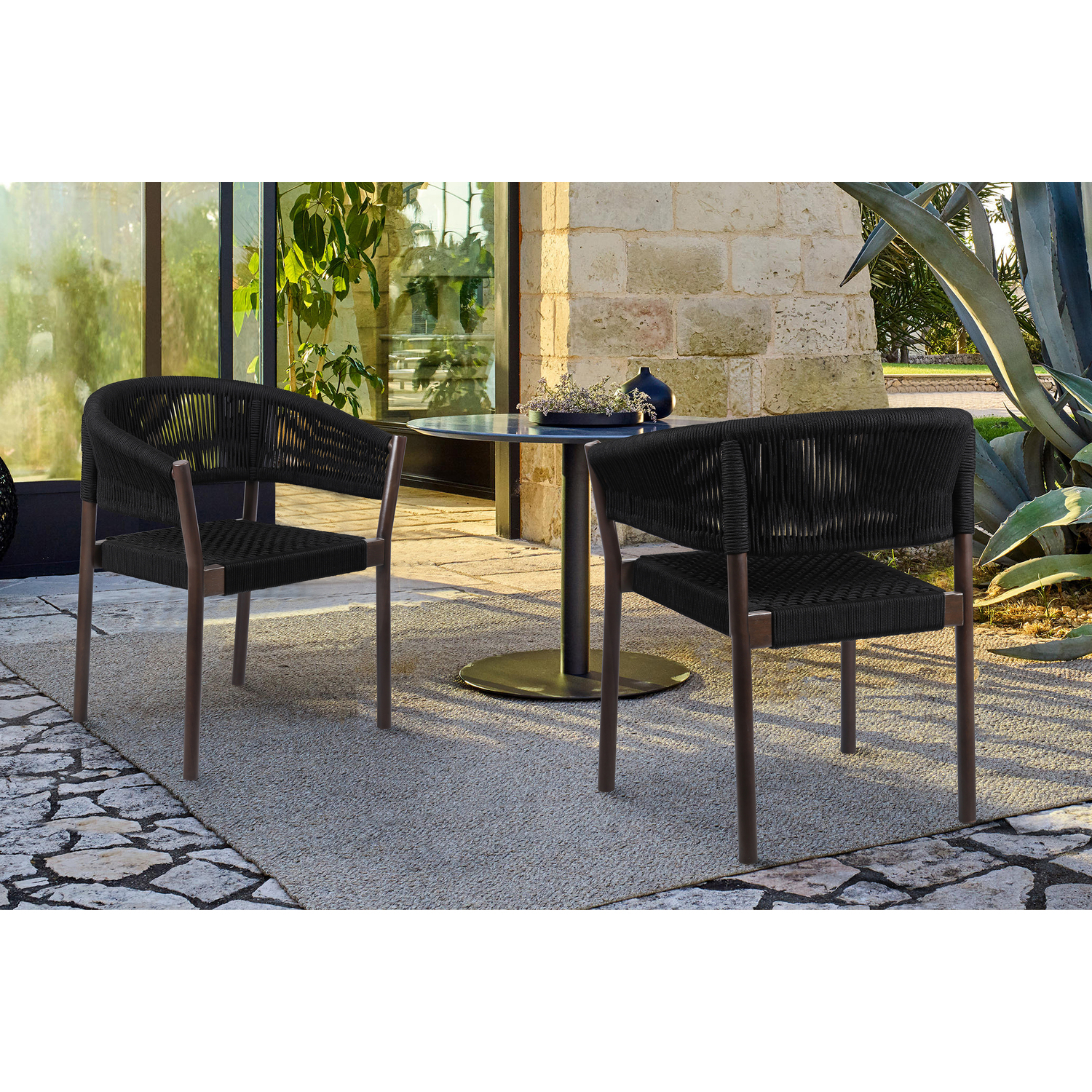 HomeStock Urban Upmarket Indoor Outdoor Dining Chair In Dark Eucalyptus Wood With Black Rope - Set Of 2