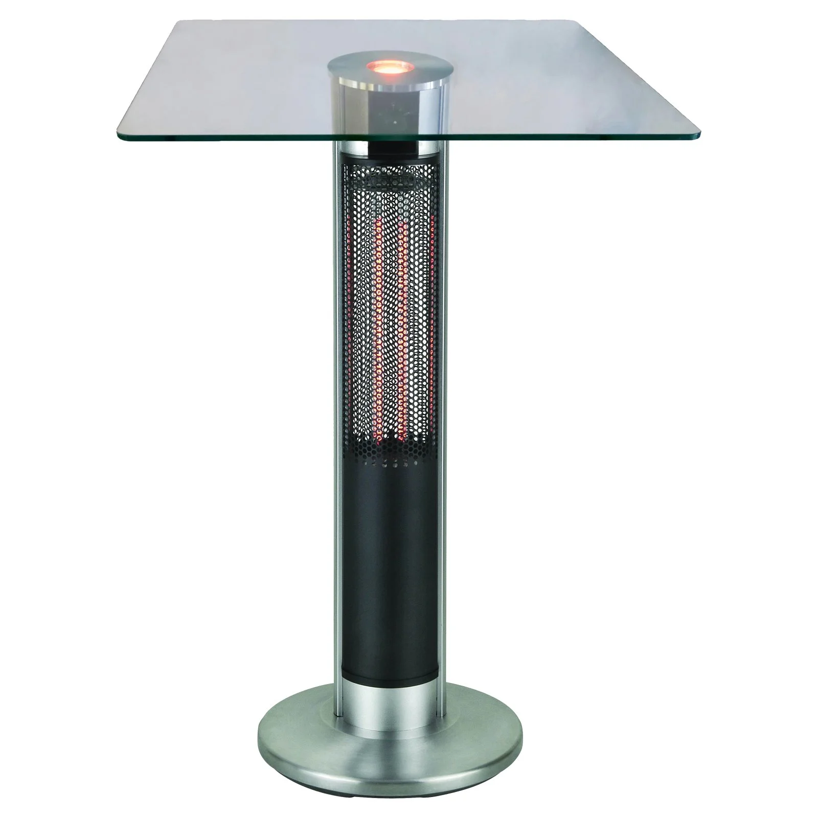 EnerG+ Infrared Electric Outdoor Heated Bistro Table with LED Bulb, Tempered Glass Top, Silver Base, 1500W Capacity