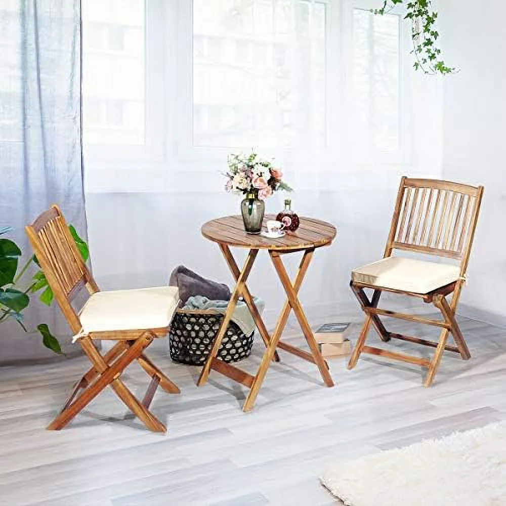 SJUIONG 3 PCS Patio Folding   Outdoor Acacia Wood Chair and Table Set w/Padded Cushion& Round Coffee Table  Ideal for Indoor Patio Poolside Garden (Cream)