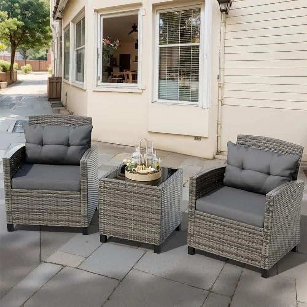 QYFZBIM 3 Pieces Wicker Patio  Set Outdoor  Wicker Chairs Conversation Set Small Patio  for Apartment Balcony Bistro  Gray